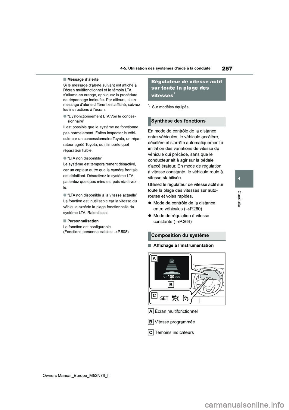 TOYOTA YARIS CROSS 2023  Manuel du propriétaire (in French) 257
4
Owners Manual_Europe_M52N76_fr
4-5. Utilisation des systèmes d’aide à la conduite
Conduite
■Message d’alerte 
Si le message d’alerte suivant est affiché à  l’écran multifonctionne
