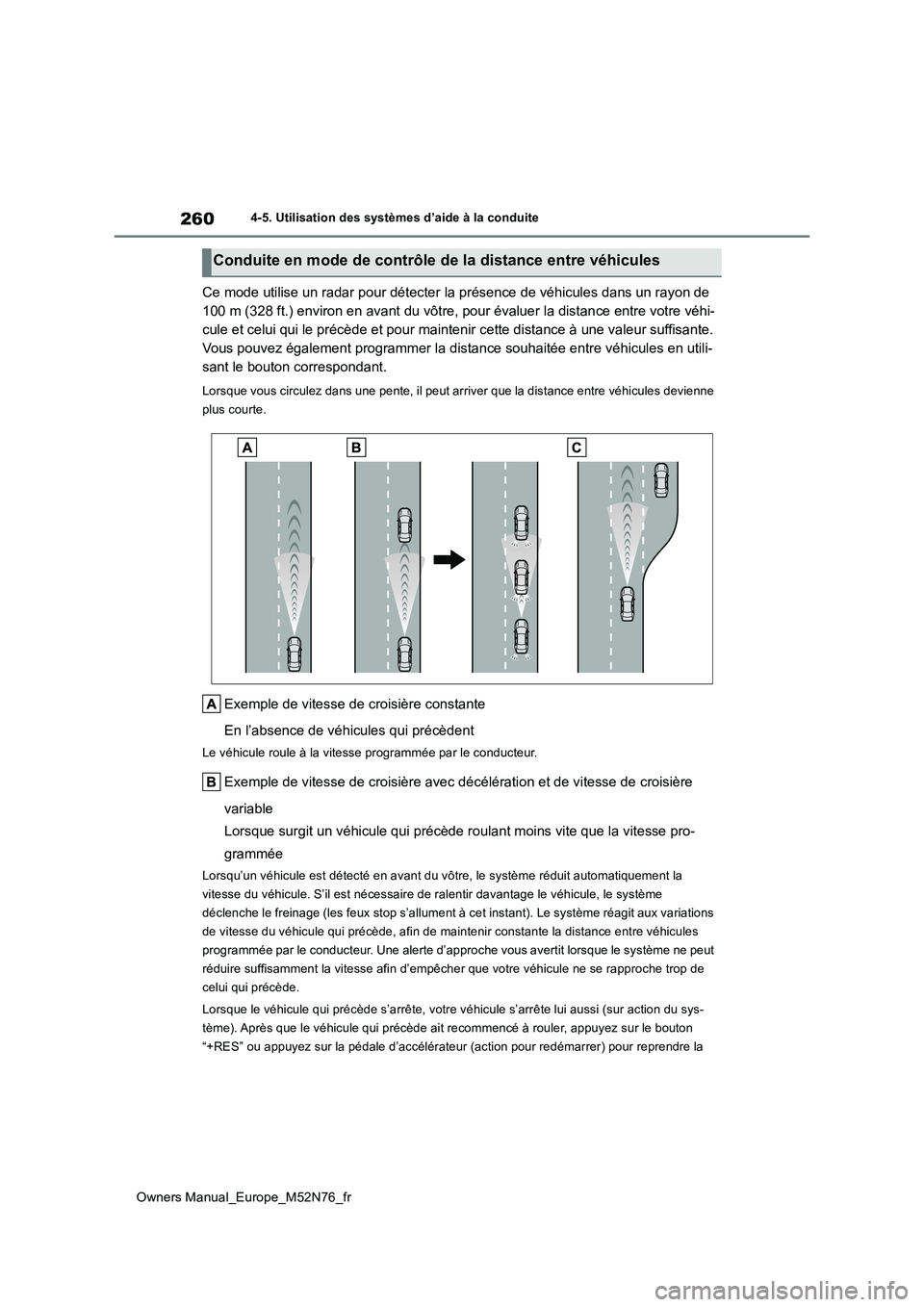 TOYOTA YARIS CROSS 2023  Manuel du propriétaire (in French) 260
Owners Manual_Europe_M52N76_fr
4-5. Utilisation des systèmes d’aide à la conduite
Ce mode utilise un radar pour détecter la présence de véhicules dans un rayon de  
100 m (328 ft.) environ 
