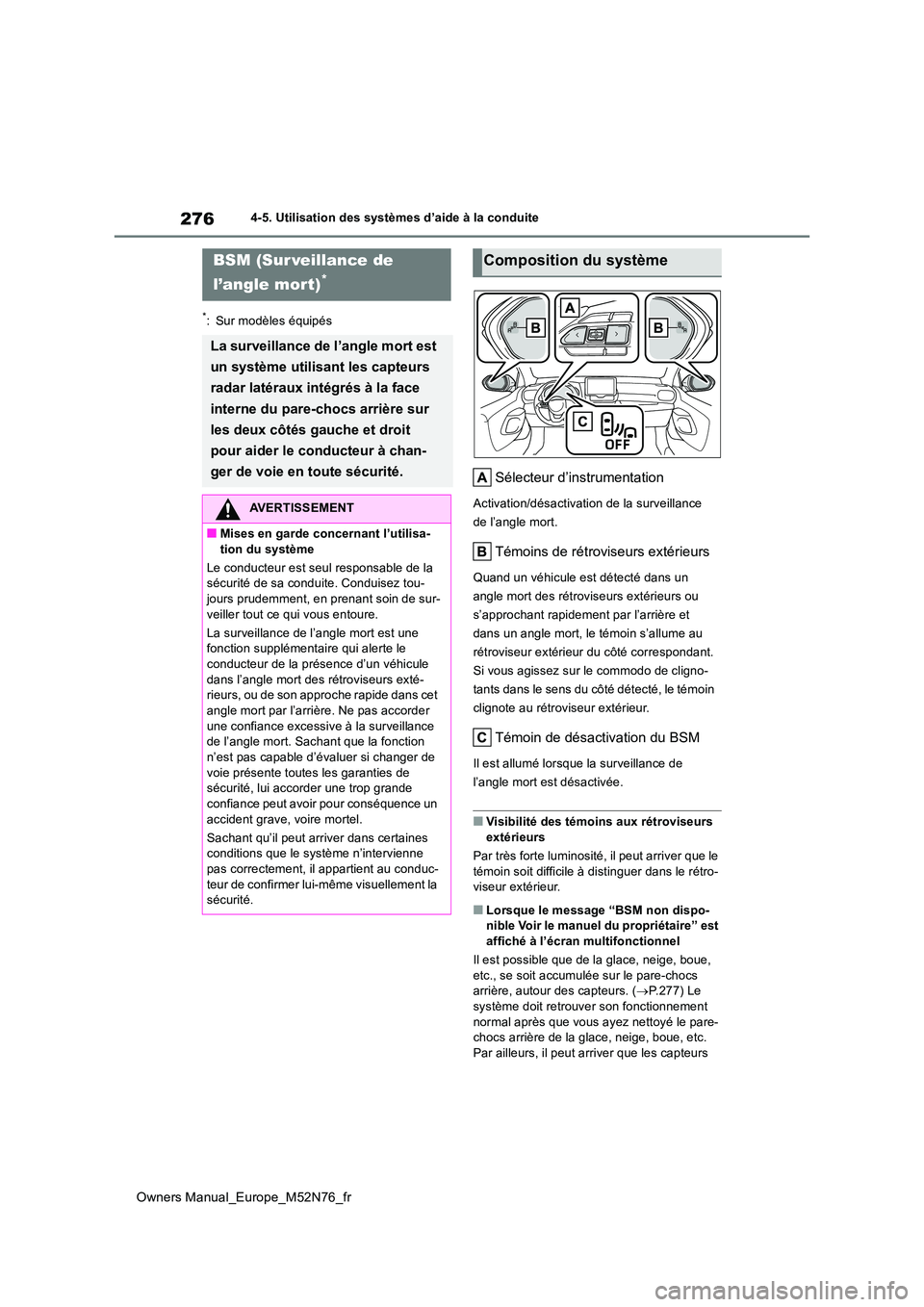 TOYOTA YARIS CROSS 2023  Manuel du propriétaire (in French) 276
Owners Manual_Europe_M52N76_fr
4-5. Utilisation des systèmes d’aide à la conduite
*: Sur modèles équipés
Sélecteur d’instrumentation
Activation/désactivation de la surveillance  
de l