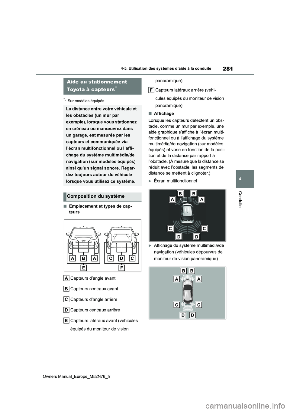 TOYOTA YARIS CROSS 2023  Manuel du propriétaire (in French) 281
4
Owners Manual_Europe_M52N76_fr
4-5. Utilisation des systèmes d’aide à la conduite
Conduite
*: Sur modèles équipés
■Emplacement et types de cap- 
teurs 
Capteurs d’angle avant 
Capteur