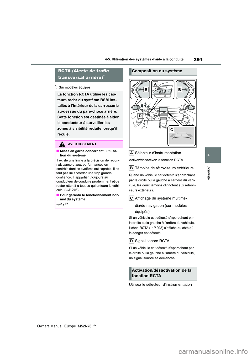 TOYOTA YARIS CROSS 2023  Manuel du propriétaire (in French) 291
4
Owners Manual_Europe_M52N76_fr
4-5. Utilisation des systèmes d’aide à la conduite
Conduite
*: Sur modèles équipés
Sélecteur d’instrumentation
Activez/désactivez la fonction RCTA.
Tém