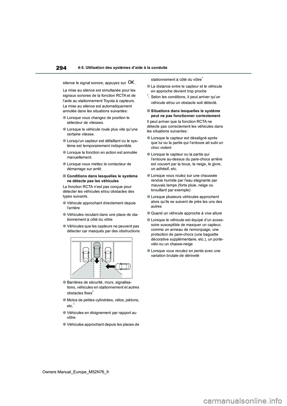 TOYOTA YARIS CROSS 2023  Manuel du propriétaire (in French) 294
Owners Manual_Europe_M52N76_fr
4-5. Utilisation des systèmes d’aide à la conduite 
silence le signal sonore, appuyez sur  .  
La mise au silence est simultanée pour les  
signaux sonores de l