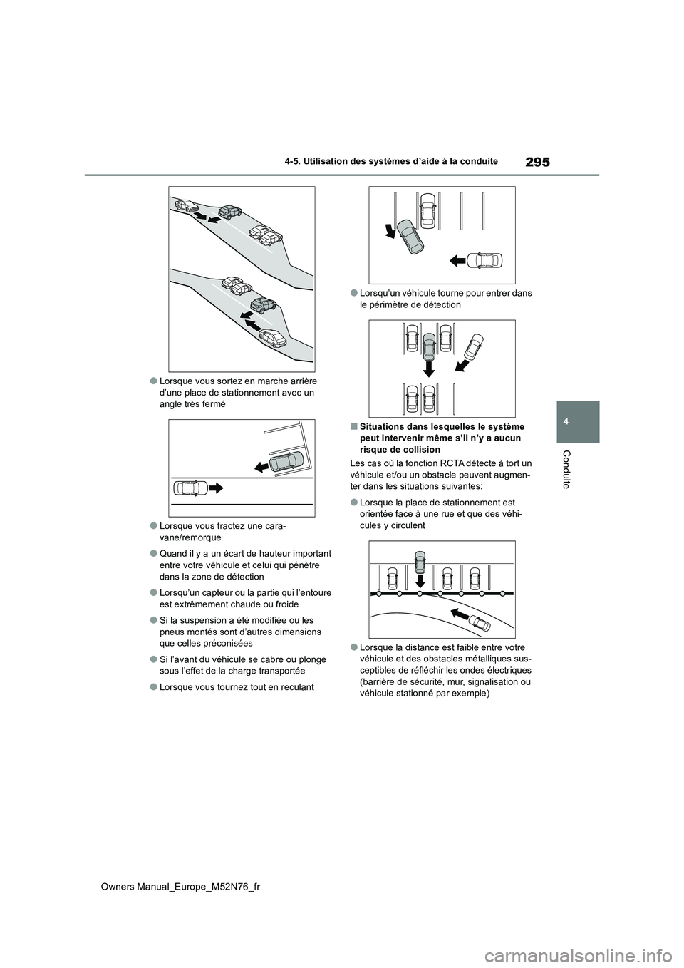 TOYOTA YARIS CROSS 2023  Manuel du propriétaire (in French) 295
4
Owners Manual_Europe_M52N76_fr
4-5. Utilisation des systèmes d’aide à la conduite
Conduite
●Lorsque vous sortez en marche arrière  
d’une place de stationnement avec un  angle très fer