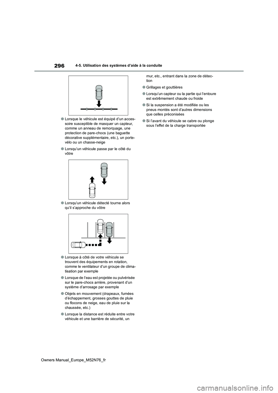 TOYOTA YARIS CROSS 2023  Manuel du propriétaire (in French) 296
Owners Manual_Europe_M52N76_fr
4-5. Utilisation des systèmes d’aide à la conduite
●Lorsque le véhicule est équipé d’un acces- soire susceptible de masquer un capteur, comme un anneau de