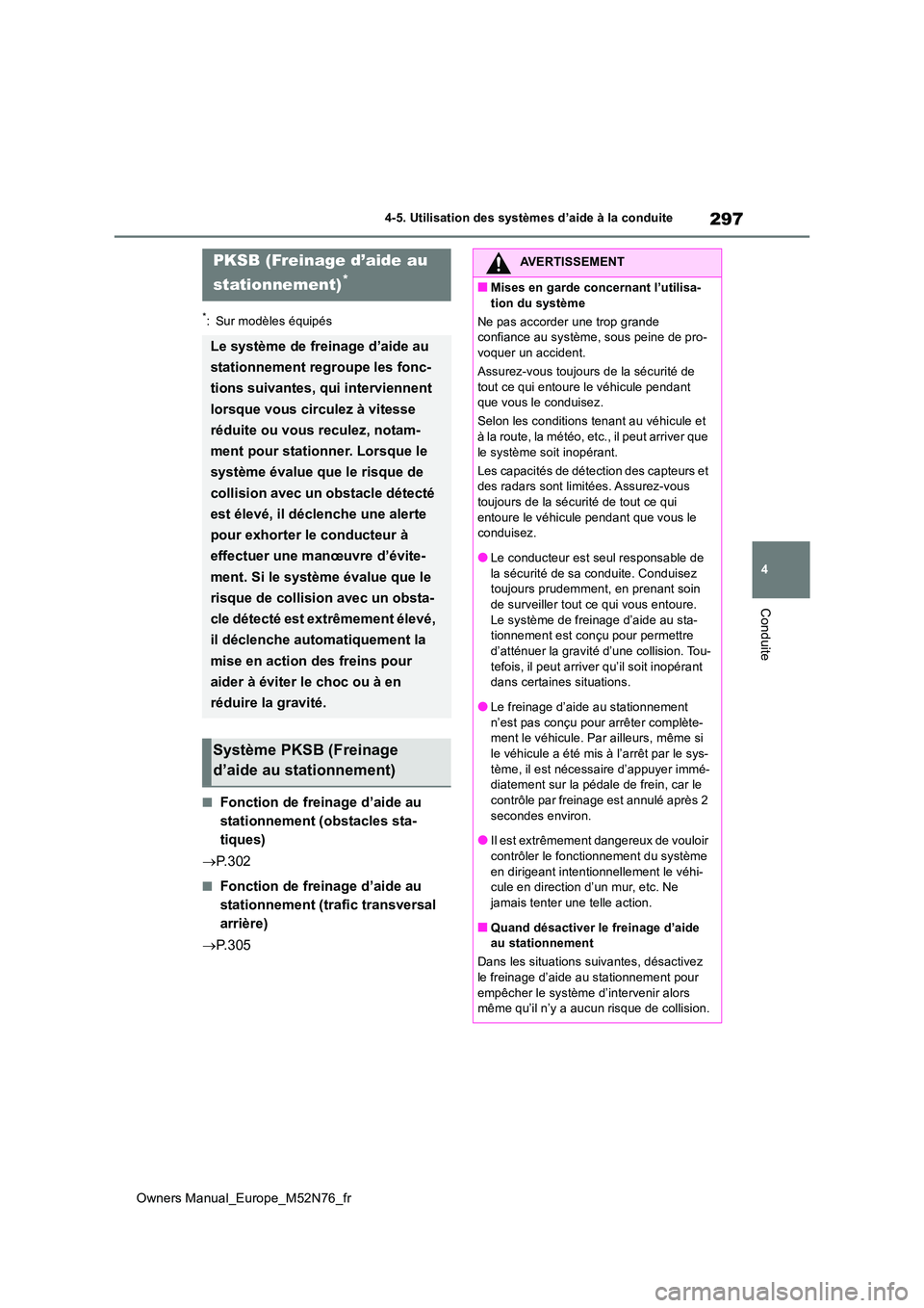 TOYOTA YARIS CROSS 2023  Manuel du propriétaire (in French) 297
4
Owners Manual_Europe_M52N76_fr
4-5. Utilisation des systèmes d’aide à la conduite
Conduite
*: Sur modèles équipés
■Fonction de freinage d’aide au  
stationnement (obstacles sta-
tique