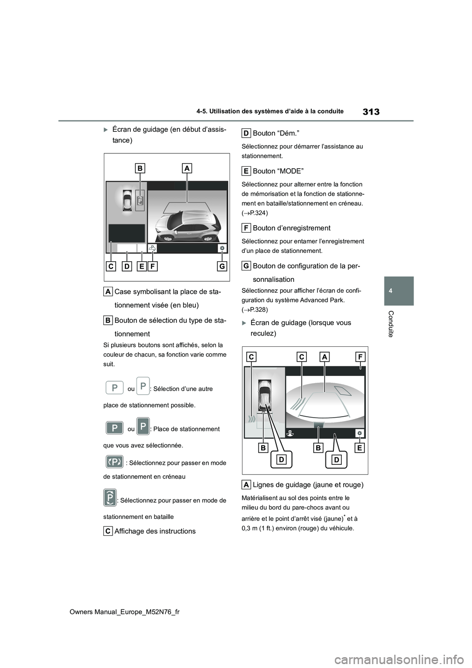 TOYOTA YARIS CROSS 2023  Manuel du propriétaire (in French) 313
4
Owners Manual_Europe_M52N76_fr
4-5. Utilisation des systèmes d’aide à la conduite
Conduite
Écran de guidage (en début d’assis- 
tance) 
Case symbolisant la place de sta- 
tionnement v