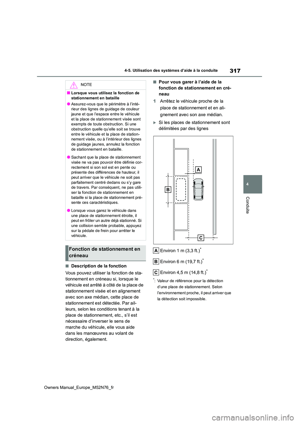TOYOTA YARIS CROSS 2023  Manuel du propriétaire (in French) 317
4
Owners Manual_Europe_M52N76_fr
4-5. Utilisation des systèmes d’aide à la conduite
Conduite
■Description de la fonction 
Vous pouvez utiliser la fonction de sta- 
tionnement en créneau si,