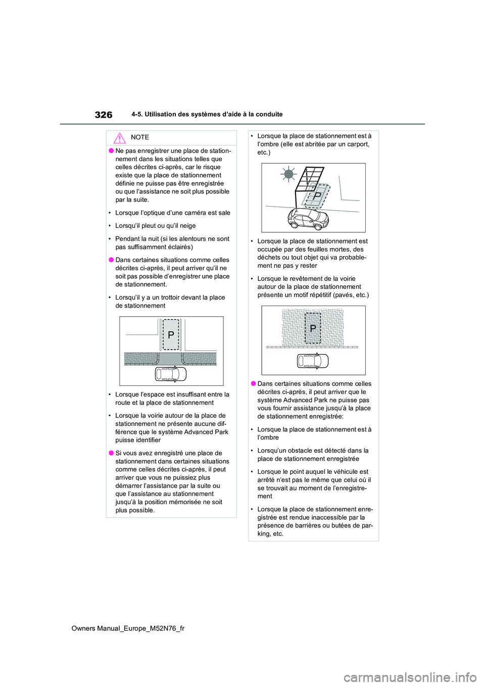 TOYOTA YARIS CROSS 2023 Manuel du propriétaire (in French) 326
Owners Manual_Europe_M52N76_fr
4-5. Utilisation des systèmes d’aide à la conduite
NOTE
●Ne pas enregistrer une place de station-
nement dans les situations telles que celles décrites ci-a TOYOTA YARIS CROSS 2023 Manuel du propriétaire (in French) 326
Owners Manual_Europe_M52N76_fr
4-5. Utilisation des systèmes d’aide à la conduite
NOTE
●Ne pas enregistrer une place de station-
nement dans les situations telles que celles décrites ci-a