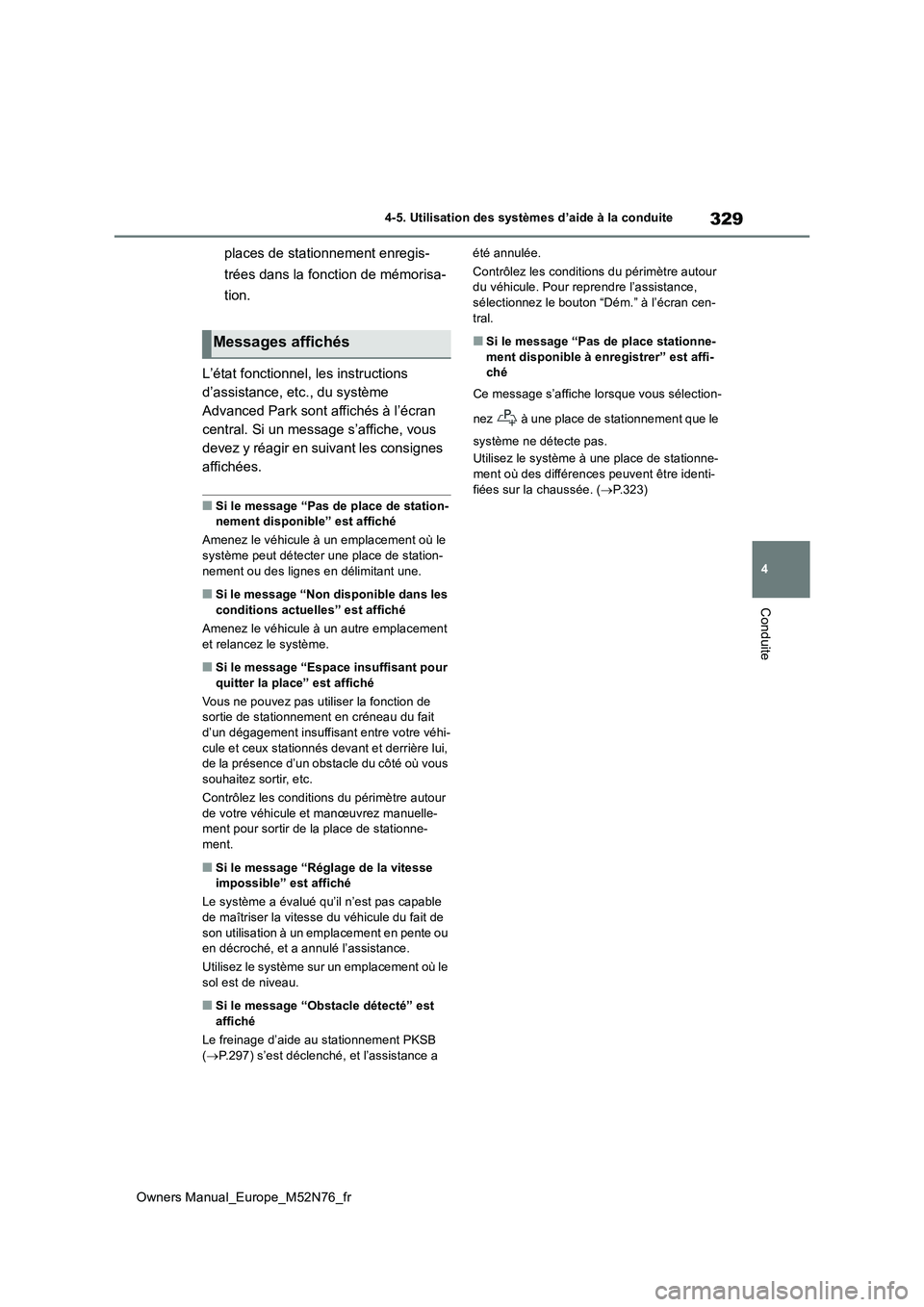 TOYOTA YARIS CROSS 2023  Manuel du propriétaire (in French) 329
4
Owners Manual_Europe_M52N76_fr
4-5. Utilisation des systèmes d’aide à la conduite
Conduite
places de stationnement enregis- 
trées dans la fonction de mémorisa- 
tion. 
L’état fonctionn