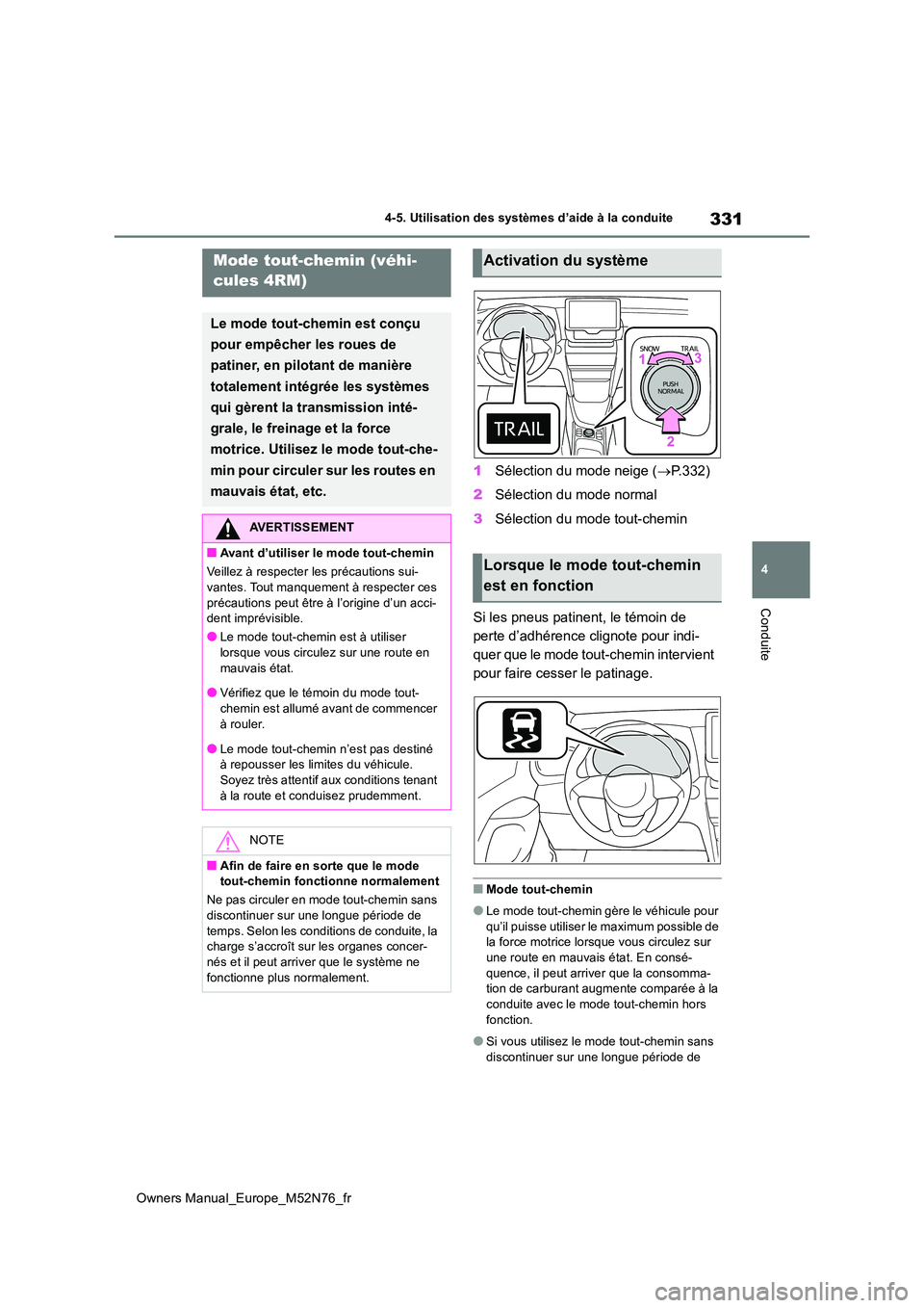 TOYOTA YARIS CROSS 2023  Manuel du propriétaire (in French) 331
4
Owners Manual_Europe_M52N76_fr
4-5. Utilisation des systèmes d’aide à la conduite
Conduite
1Sélection du mode neige (P.332) 
2 Sélection du mode normal 
3 Sélection du mode tout-chemin