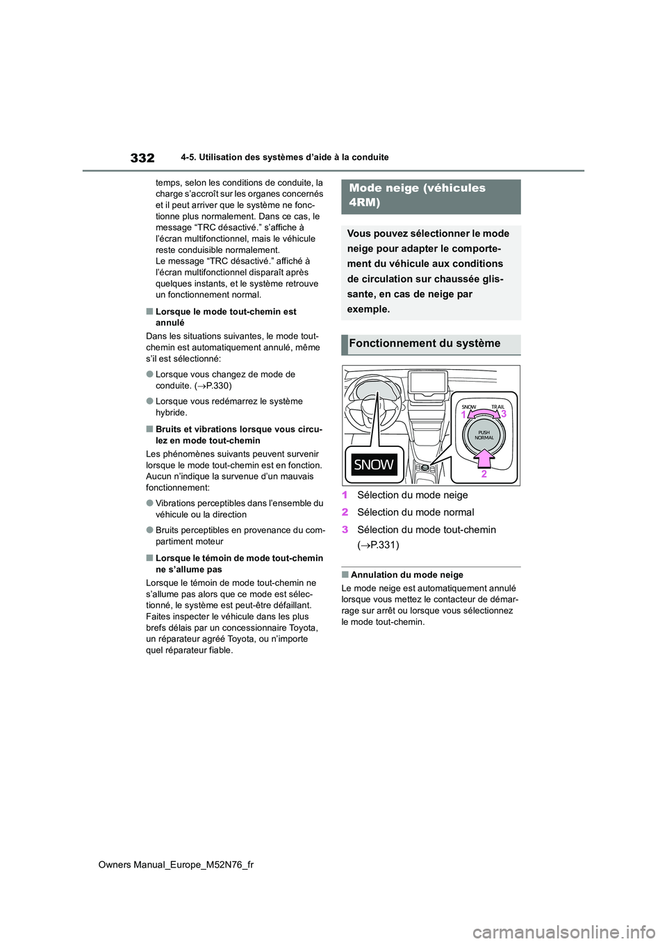 TOYOTA YARIS CROSS 2023  Manuel du propriétaire (in French) 332
Owners Manual_Europe_M52N76_fr
4-5. Utilisation des systèmes d’aide à la conduite 
temps, selon les conditions de conduite, la  charge s’accroît sur les organes concernés et il peut arrive