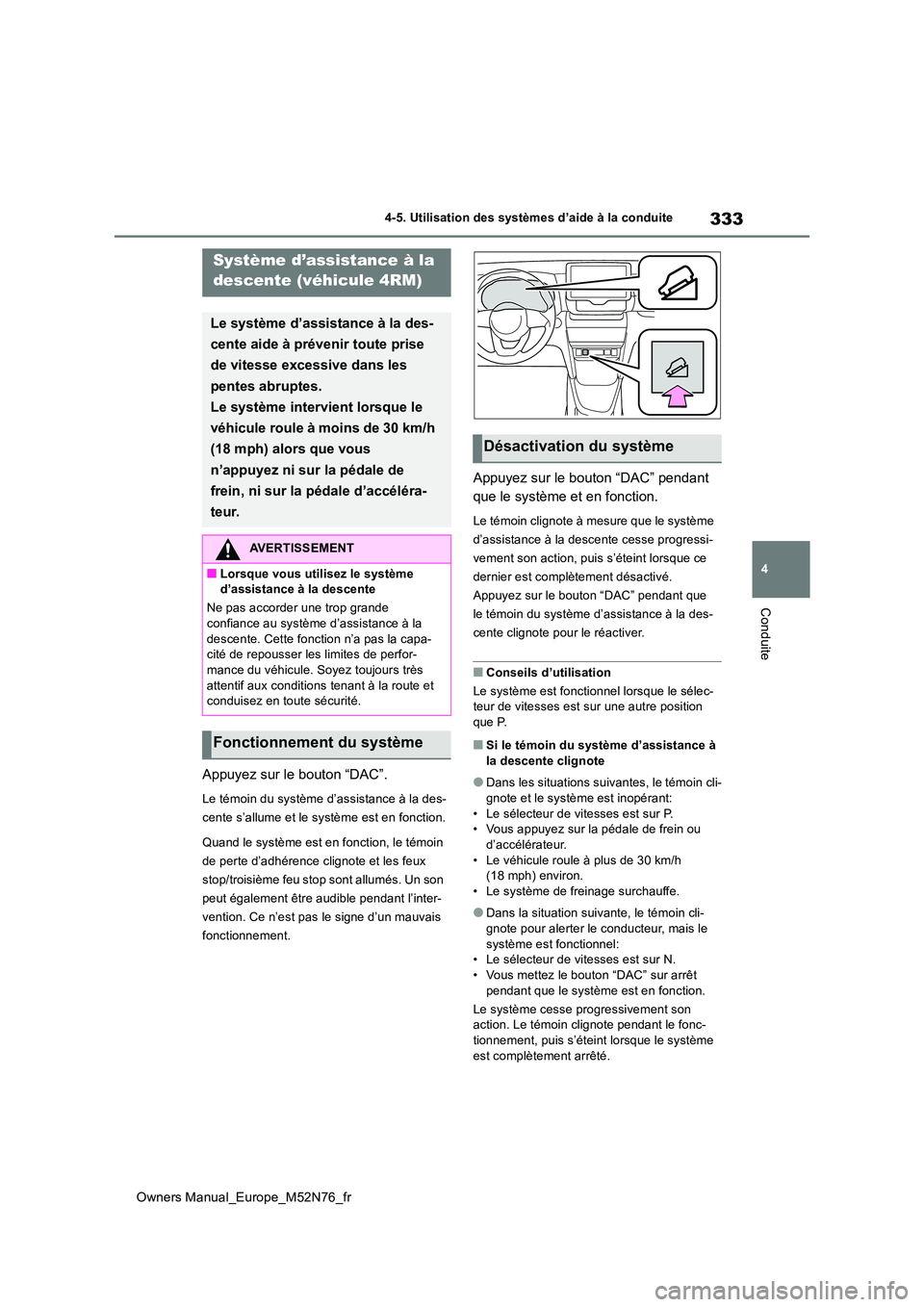 TOYOTA YARIS CROSS 2023  Manuel du propriétaire (in French) 333
4
Owners Manual_Europe_M52N76_fr
4-5. Utilisation des systèmes d’aide à la conduite
Conduite
Appuyez sur le bouton “DAC”.
Le témoin du système d’assistance à la des- 
cente s’allume