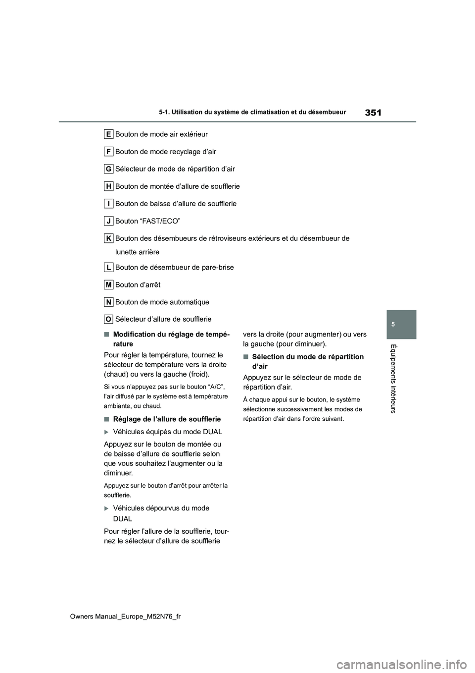 TOYOTA YARIS CROSS 2023 Manuel du propriétaire (in French) 351
5
Owners Manual_Europe_M52N76_fr
5-1. Utilisation du système de climatisation et du désembueur
Équipements intérieurs
Bouton de mode air extérieur
Bouton de mode recyclage d’air
Sélecteur TOYOTA YARIS CROSS 2023 Manuel du propriétaire (in French) 351
5
Owners Manual_Europe_M52N76_fr
5-1. Utilisation du système de climatisation et du désembueur
Équipements intérieurs
Bouton de mode air extérieur
Bouton de mode recyclage d’air
Sélecteur