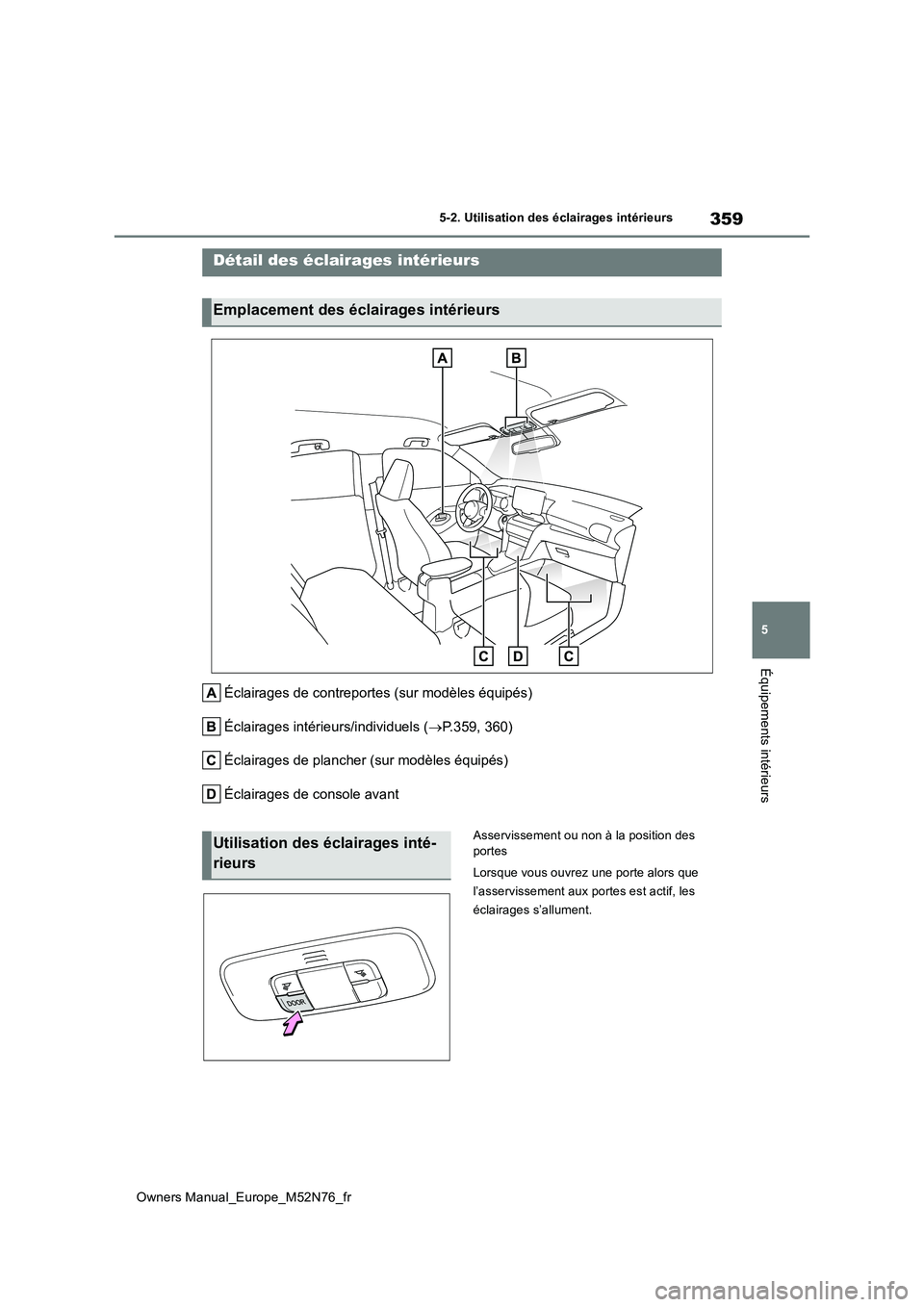 TOYOTA YARIS CROSS 2023  Manuel du propriétaire (in French) 359
5
Owners Manual_Europe_M52N76_fr
5-2. Utilisation des éclairages intérieurs
Équipements intérieurs
5-2.Utilisation des éclairages intérieurs
Éclairages de contreportes (sur modèles équip