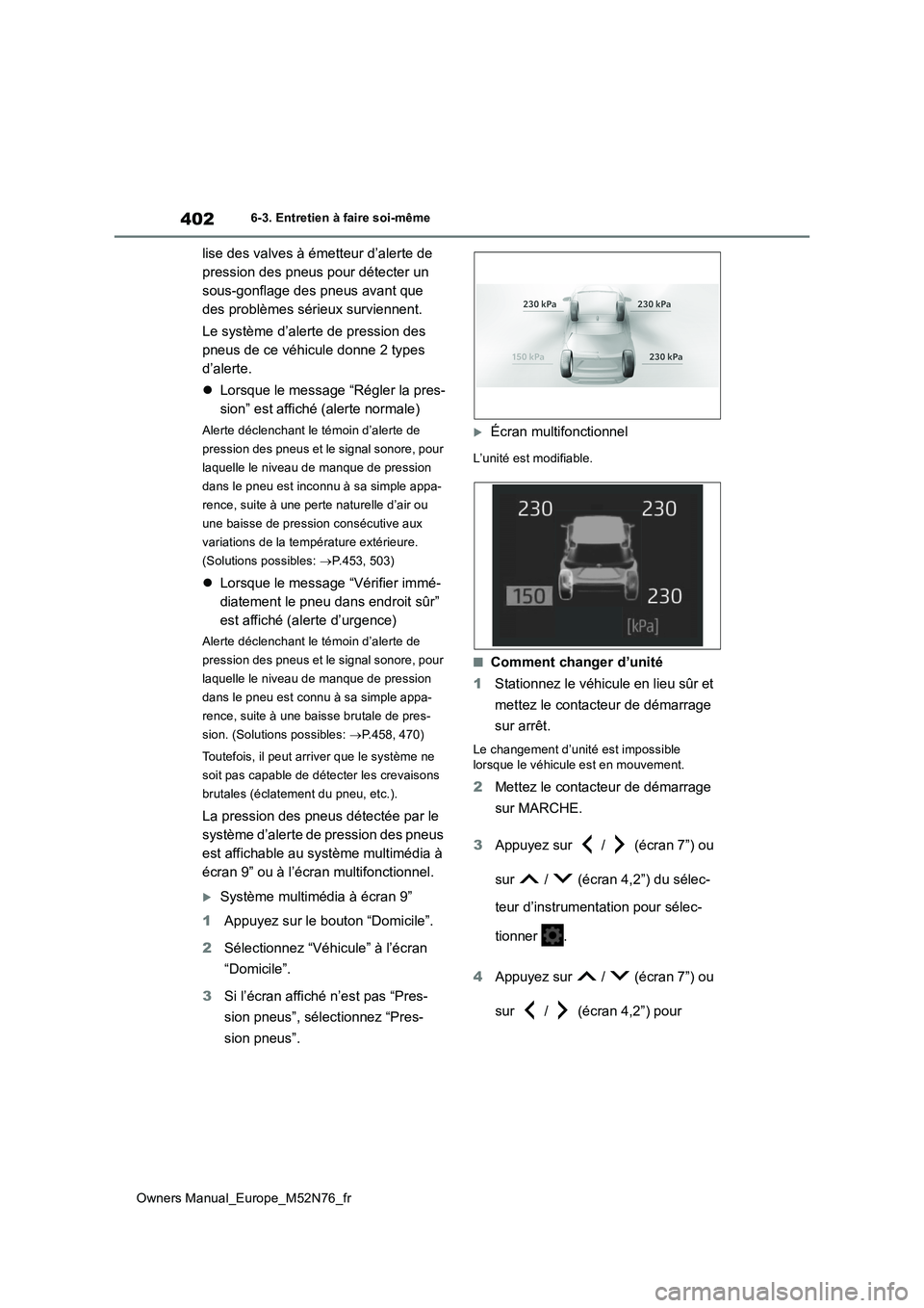 TOYOTA YARIS CROSS 2023  Manuel du propriétaire (in French) 402
Owners Manual_Europe_M52N76_fr
6-3. Entretien à faire soi-même
lise des valves à émetteur d’alerte de  
pression des pneus pour détecter un 
sous-gonflage des pneus avant que 
des problème