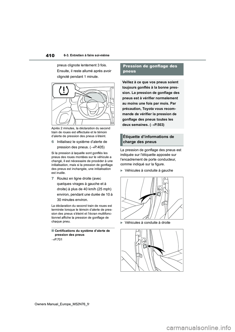 TOYOTA YARIS CROSS 2023  Manuel du propriétaire (in French) 410
Owners Manual_Europe_M52N76_fr
6-3. Entretien à faire soi-même
pneus clignote lentement 3 fois.  
Ensuite, il reste allumé après avoir 
clignoté pendant 1 minute.
Après 2 minutes, la déclar
