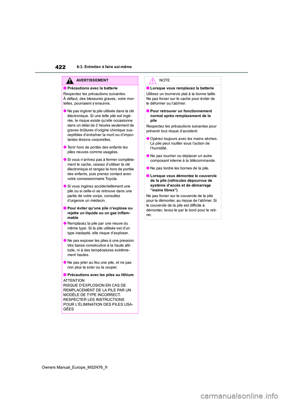 TOYOTA YARIS CROSS 2023  Manuel du propriétaire (in French) 422
Owners Manual_Europe_M52N76_fr
6-3. Entretien à faire soi-même
AVERTISSEMENT
■Précautions avec la batterie 
Respectez les précautions suivantes. 
À défaut, des blessures graves, voire mor-