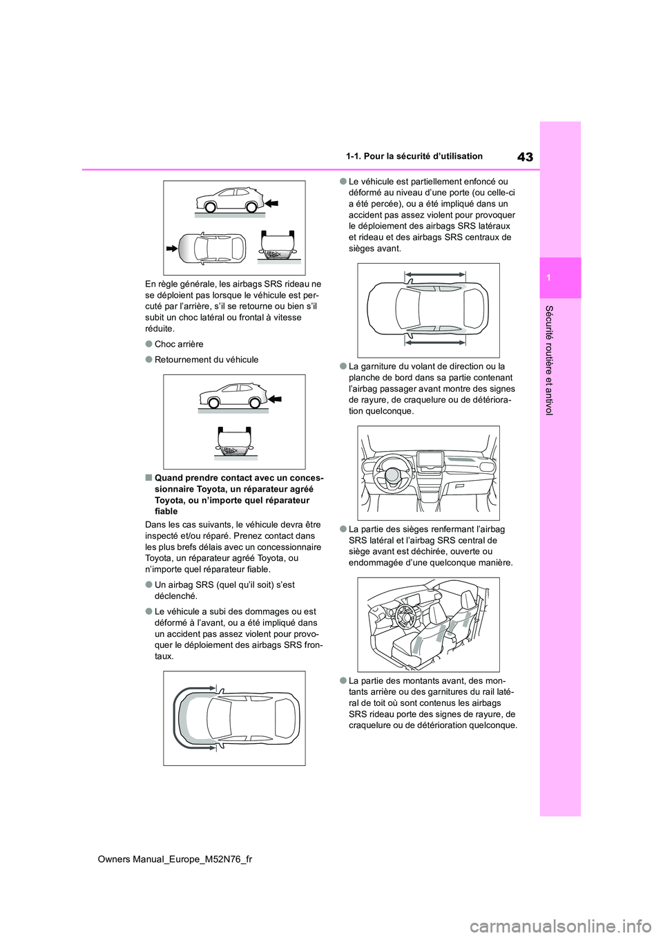 TOYOTA YARIS CROSS 2023 Manuel du propriétaire (in French) 43
1
Owners Manual_Europe_M52N76_fr
1-1. Pour la sécurité d’utilisation
Sécurité routière et antivol
En règle générale, les airbags SRS rideau ne se déploient pas lorsque le véhicule est TOYOTA YARIS CROSS 2023 Manuel du propriétaire (in French) 43
1
Owners Manual_Europe_M52N76_fr
1-1. Pour la sécurité d’utilisation
Sécurité routière et antivol
En règle générale, les airbags SRS rideau ne se déploient pas lorsque le véhicule est