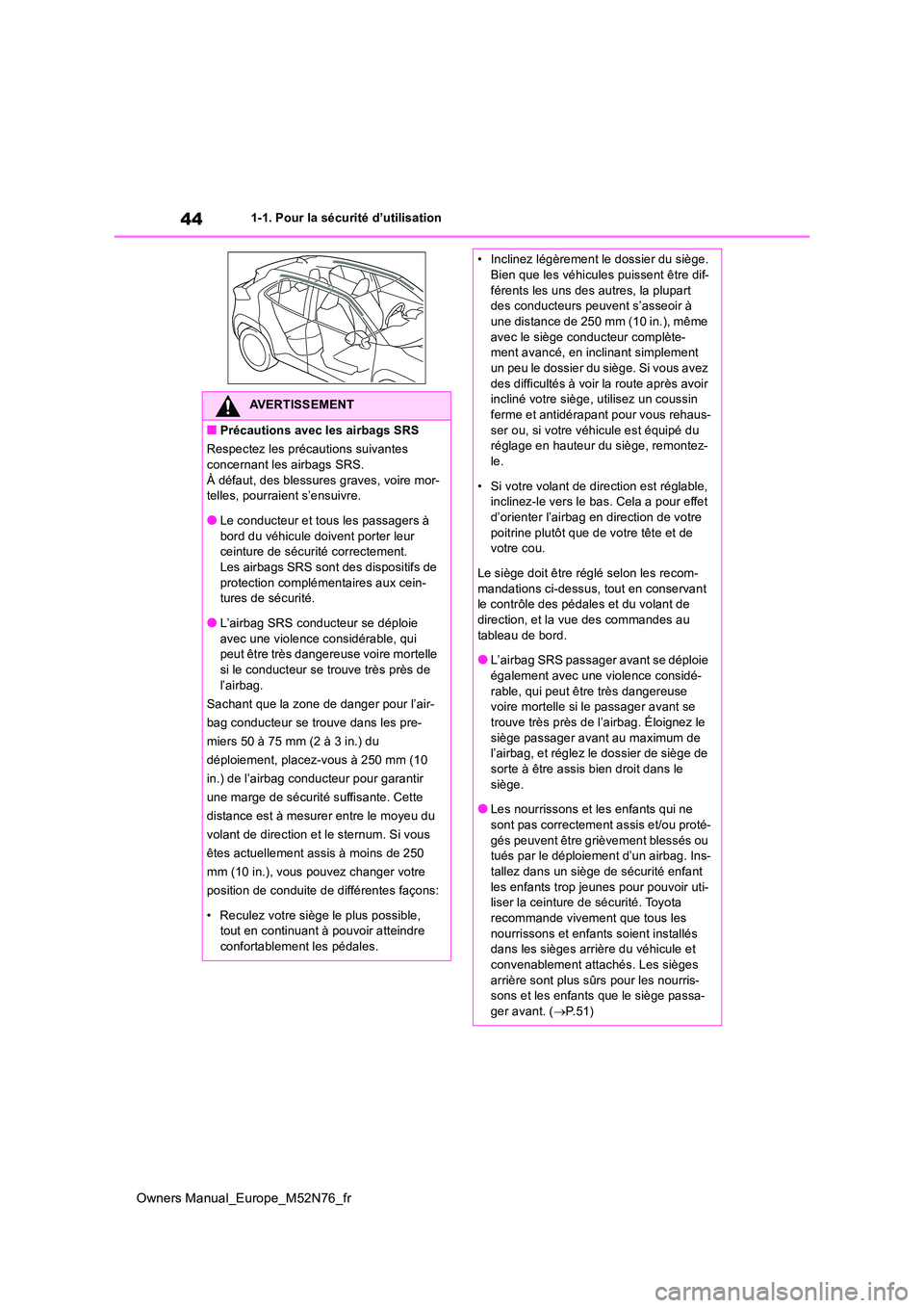 TOYOTA YARIS CROSS 2023 Manuel du propriétaire (in French) 44
Owners Manual_Europe_M52N76_fr
1-1. Pour la sécurité d’utilisation
AVERTISSEMENT
■Précautions avec les airbags SRS
Respectez les précautions suivantes
concernant les airbags SRS. À déf TOYOTA YARIS CROSS 2023 Manuel du propriétaire (in French) 44
Owners Manual_Europe_M52N76_fr
1-1. Pour la sécurité d’utilisation
AVERTISSEMENT
■Précautions avec les airbags SRS
Respectez les précautions suivantes
concernant les airbags SRS. À déf