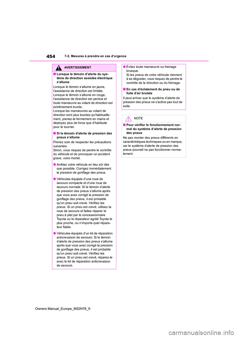 TOYOTA YARIS CROSS 2023 Manuel du propriétaire (in French) 454
Owners Manual_Europe_M52N76_fr
7-2. Mesures à prendre en cas d’urgence
AVERTISSEMENT
■Lorsque le témoin d’alerte du sys-
tème de direction assistée électrique s’allume
Lorsque le t TOYOTA YARIS CROSS 2023 Manuel du propriétaire (in French) 454
Owners Manual_Europe_M52N76_fr
7-2. Mesures à prendre en cas d’urgence
AVERTISSEMENT
■Lorsque le témoin d’alerte du sys-
tème de direction assistée électrique s’allume
Lorsque le t
