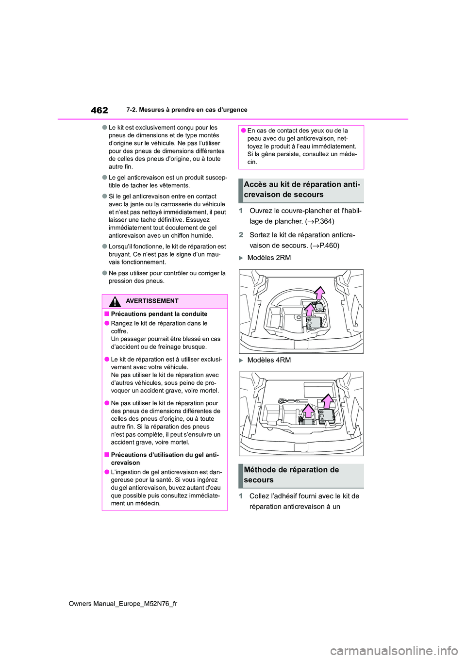 TOYOTA YARIS CROSS 2023  Manuel du propriétaire (in French) 462
Owners Manual_Europe_M52N76_fr
7-2. Mesures à prendre en cas d’urgence
●Le kit est exclusivement conçu pour les  pneus de dimensions et de type montés d’origine sur le véhicule. Ne pas l
