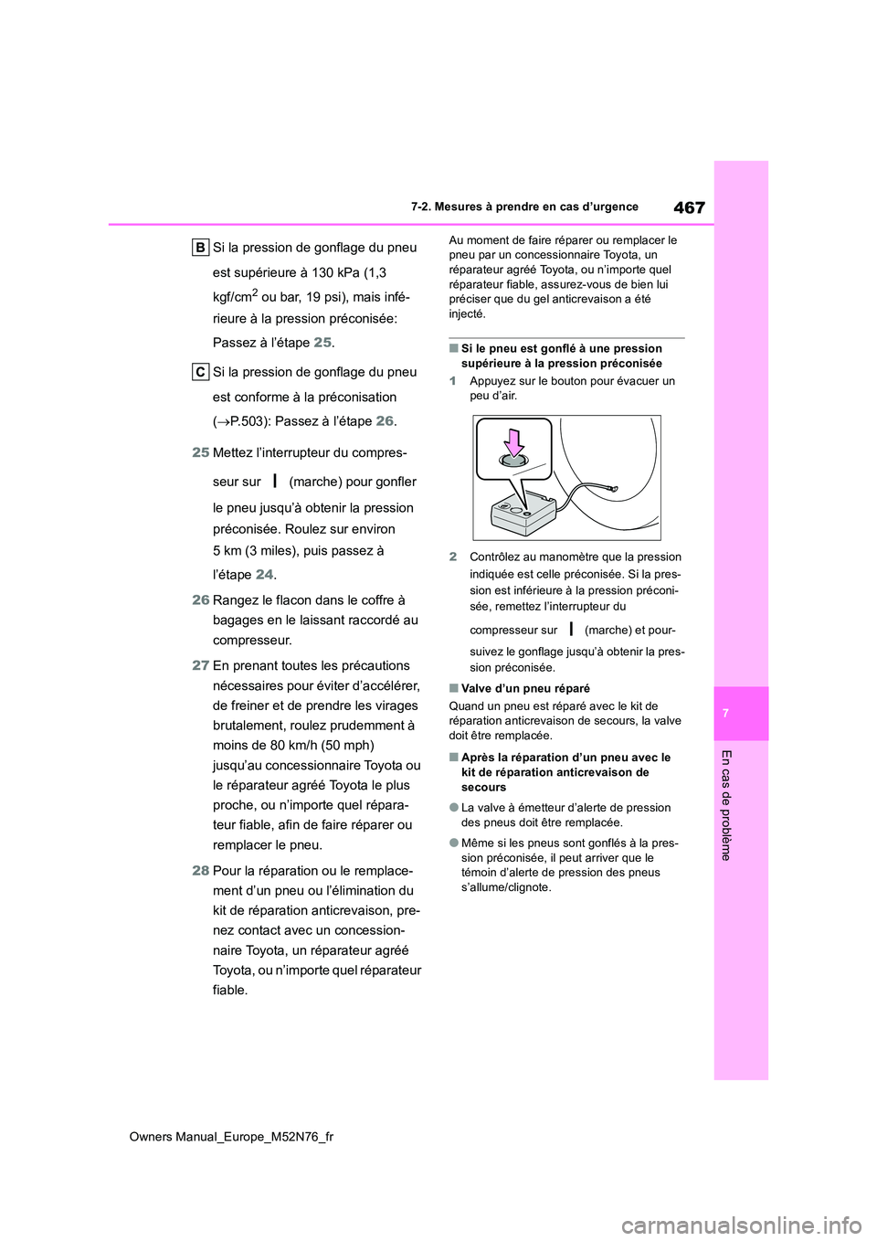 TOYOTA YARIS CROSS 2023  Manuel du propriétaire (in French) 467
7
Owners Manual_Europe_M52N76_fr
7-2. Mesures à prendre en cas d’urgence
En cas de problème
Si la pression de gonflage du pneu  
est supérieure à 130 kPa (1,3  
kgf/cm2 ou bar, 19 psi), mais