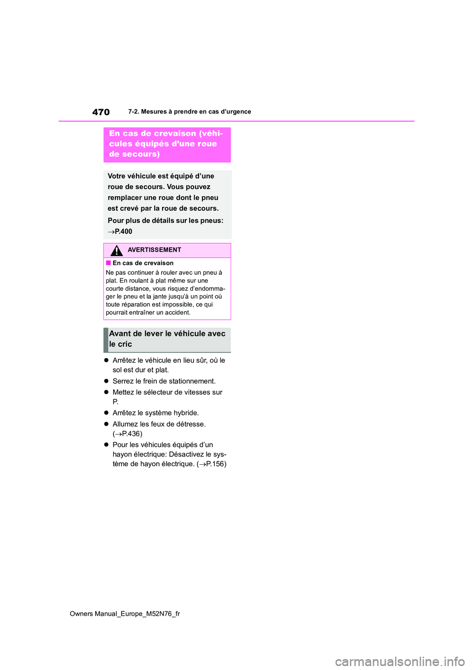 TOYOTA YARIS CROSS 2023  Manuel du propriétaire (in French) 470
Owners Manual_Europe_M52N76_fr
7-2. Mesures à prendre en cas d’urgence
Arrêtez le véhicule en lieu sûr, où le  
sol est dur et plat. 
 Serrez le frein de stationnement. 
 Mettez le