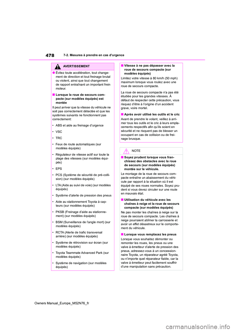 TOYOTA YARIS CROSS 2023  Manuel du propriétaire (in French) 478
Owners Manual_Europe_M52N76_fr
7-2. Mesures à prendre en cas d’urgence
AVERTISSEMENT
●Évitez toute accélération, tout change- 
ment de direction et tout freinage brutal  ou violent, ainsi 