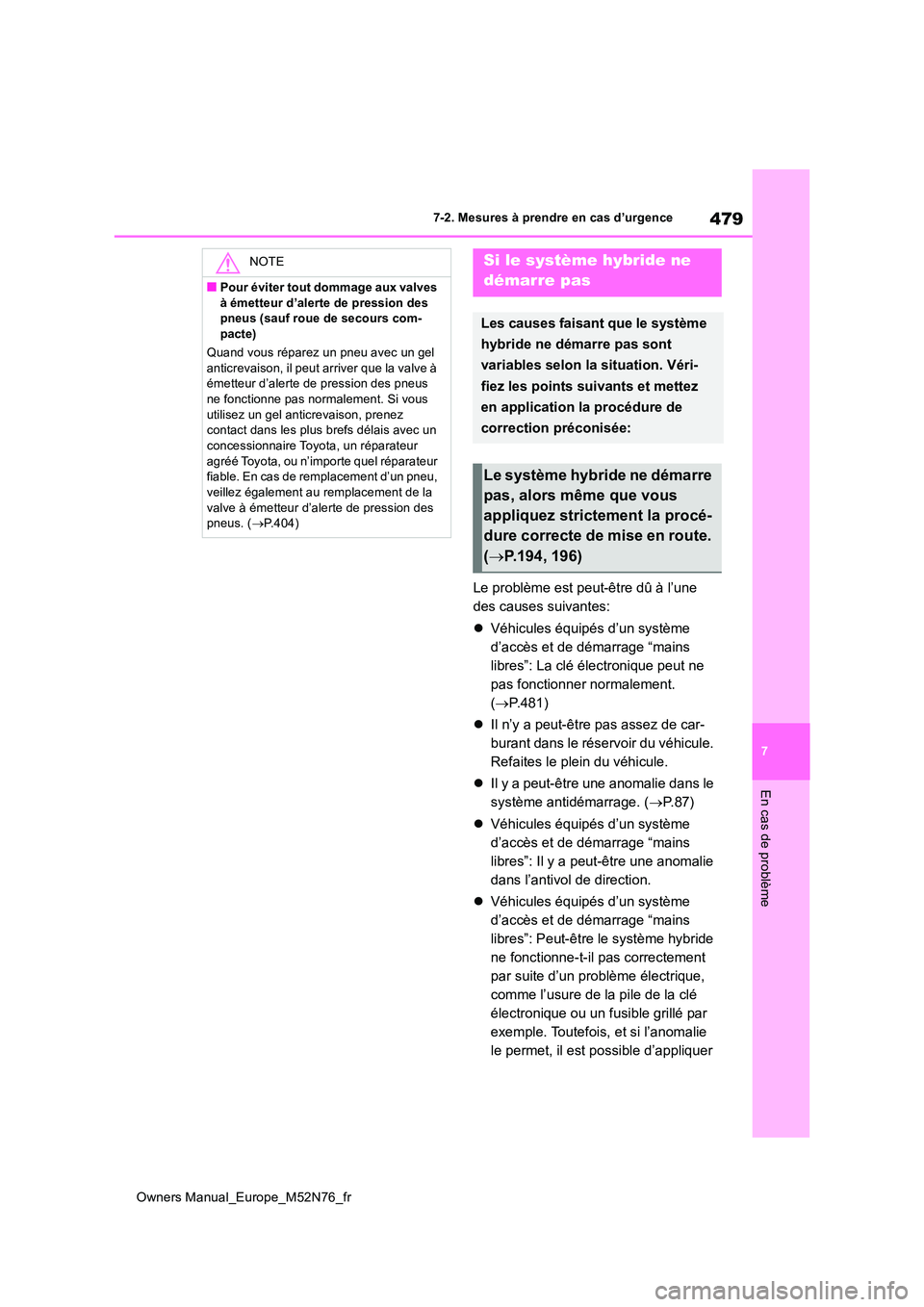 TOYOTA YARIS CROSS 2023  Manuel du propriétaire (in French) 479
7
Owners Manual_Europe_M52N76_fr
7-2. Mesures à prendre en cas d’urgence
En cas de problème
Le problème est peut-être dû à l’une  
des causes suivantes: 
 Véhicules équipés d’un 