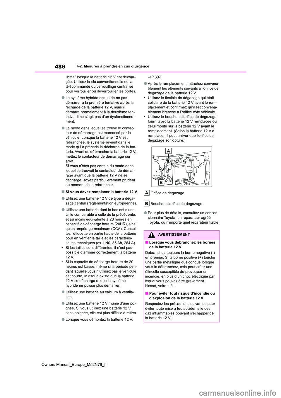TOYOTA YARIS CROSS 2023  Manuel du propriétaire (in French) 486
Owners Manual_Europe_M52N76_fr
7-2. Mesures à prendre en cas d’urgence 
libres” lorsque la batterie 12 V est déchar- gée. Utilisez la clé conventionnelle ou la télécommande du verrouilla
