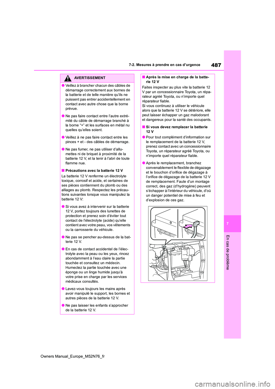 TOYOTA YARIS CROSS 2023  Manuel du propriétaire (in French) 487
7
Owners Manual_Europe_M52N76_fr
7-2. Mesures à prendre en cas d’urgence
En cas de problème
AVERTISSEMENT
●Veillez à brancher chacun des câbles de  
démarrage correctement aux bornes de  