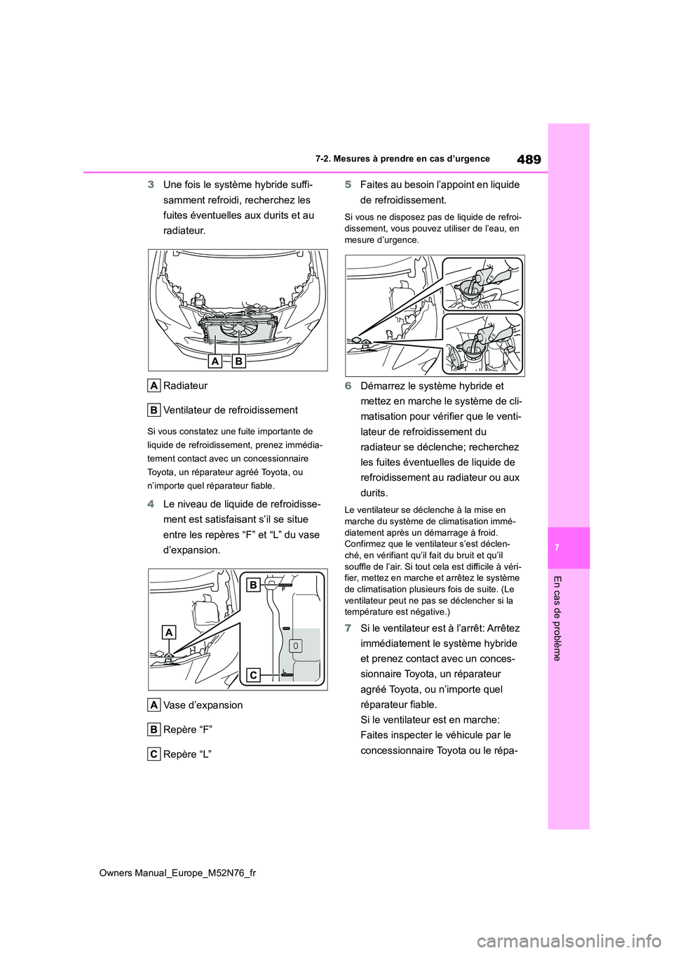 TOYOTA YARIS CROSS 2023  Manuel du propriétaire (in French) 489
7
Owners Manual_Europe_M52N76_fr
7-2. Mesures à prendre en cas d’urgence
En cas de problème
3Une fois le système hybride suffi- 
samment refroidi, recherchez les  
fuites éventuelles aux dur