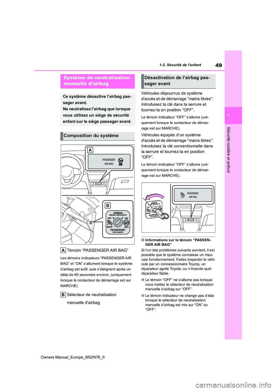 TOYOTA YARIS CROSS 2023 Manuel du propriétaire (in French) 49
1
Owners Manual_Europe_M52N76_fr
1-2. Sécurité de l’enfant
Sécurité routière et antivol
1-2.Sécu rité de l’e nfa nt
Témoin “PASSENGER AIR BAG”
Les témoins indicateurs “PASSENGE TOYOTA YARIS CROSS 2023 Manuel du propriétaire (in French) 49
1
Owners Manual_Europe_M52N76_fr
1-2. Sécurité de l’enfant
Sécurité routière et antivol
1-2.Sécu rité de l’e nfa nt
Témoin “PASSENGER AIR BAG”
Les témoins indicateurs “PASSENGE