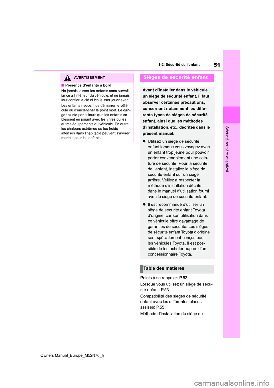 TOYOTA YARIS CROSS 2023 Manuel du propriétaire (in French) 51
1
Owners Manual_Europe_M52N76_fr
1-2. Sécurité de l’enfant
Sécurité routière et antivol
Points à se rappeler: P.52
Lorsque vous utilisez un siège de sécu-
rité enfant: P.53
Compatibil TOYOTA YARIS CROSS 2023 Manuel du propriétaire (in French) 51
1
Owners Manual_Europe_M52N76_fr
1-2. Sécurité de l’enfant
Sécurité routière et antivol
Points à se rappeler: P.52
Lorsque vous utilisez un siège de sécu-
rité enfant: P.53
Compatibil