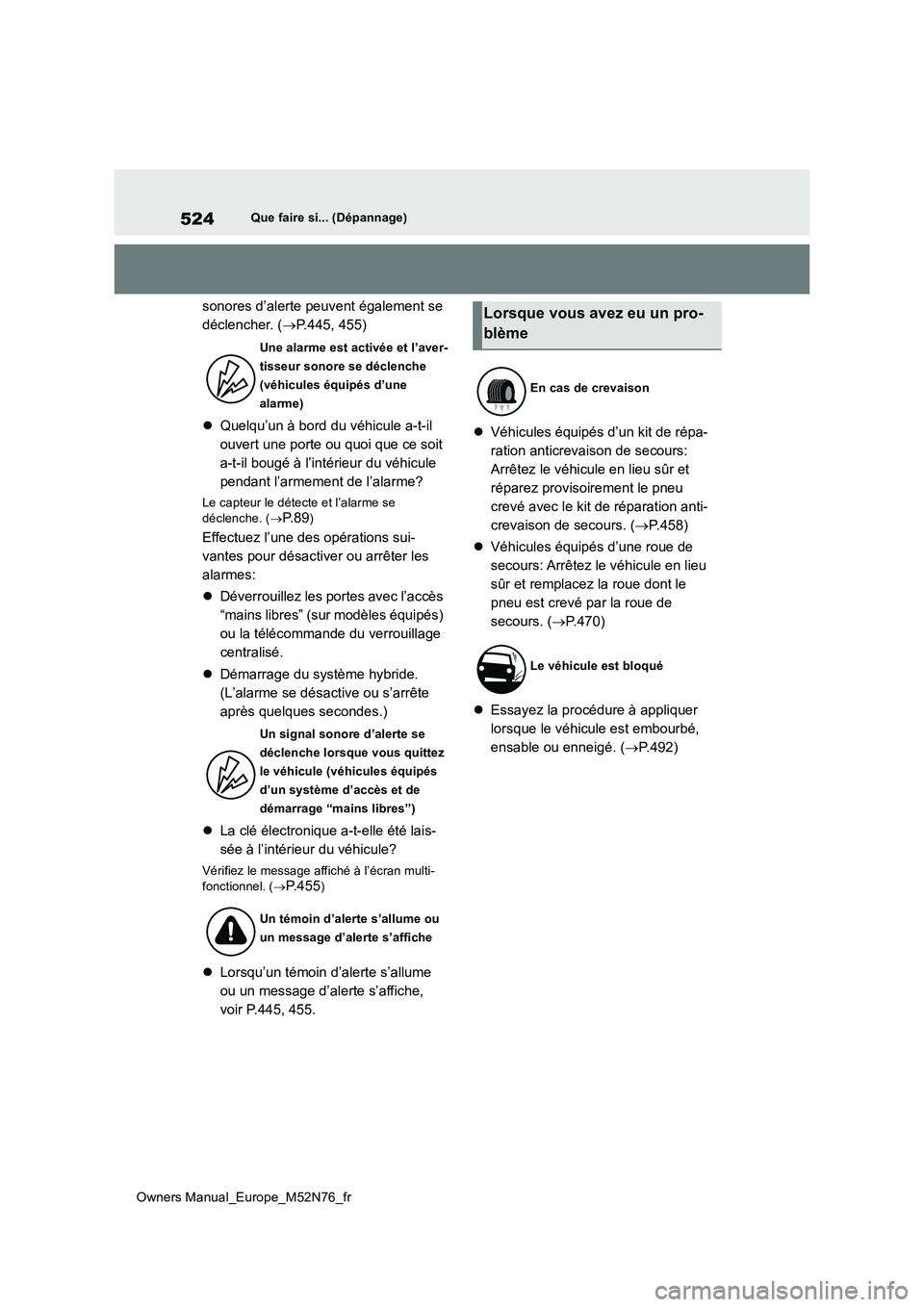 TOYOTA YARIS CROSS 2023  Manuel du propriétaire (in French) 524
Owners Manual_Europe_M52N76_fr
Que faire si... (Dépannage)
sonores d’alerte peuvent également se  
déclencher. ( P.445, 455) 
 Quelqu’un à bord du véhicule a-t-il  
ouvert une porte