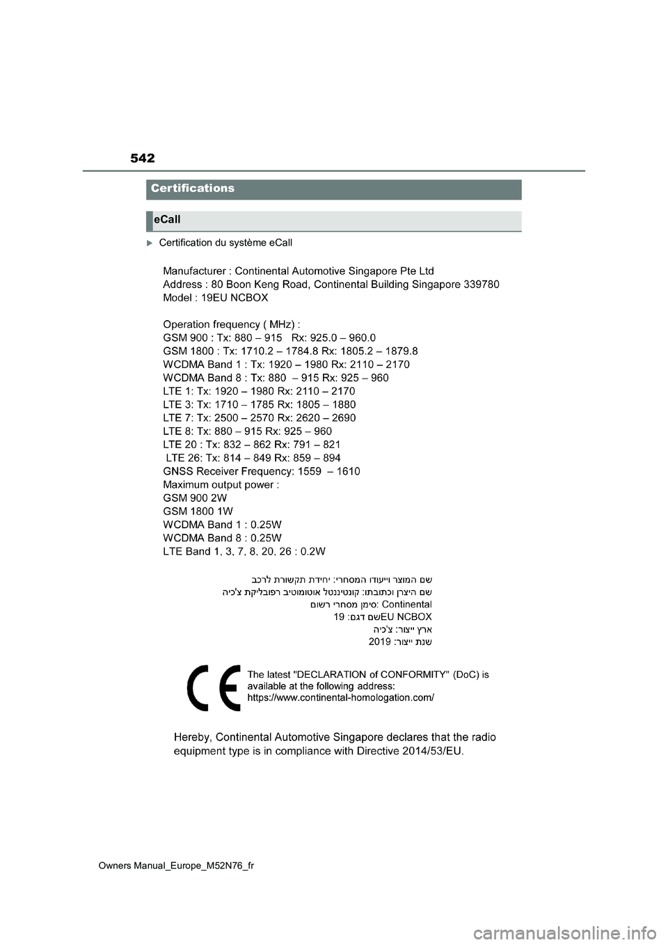 TOYOTA YARIS CROSS 2023  Manuel du propriétaire (in French) 542
Owners Manual_Europe_M52N76_fr
Certification du système eCall
Certifications
eCall 