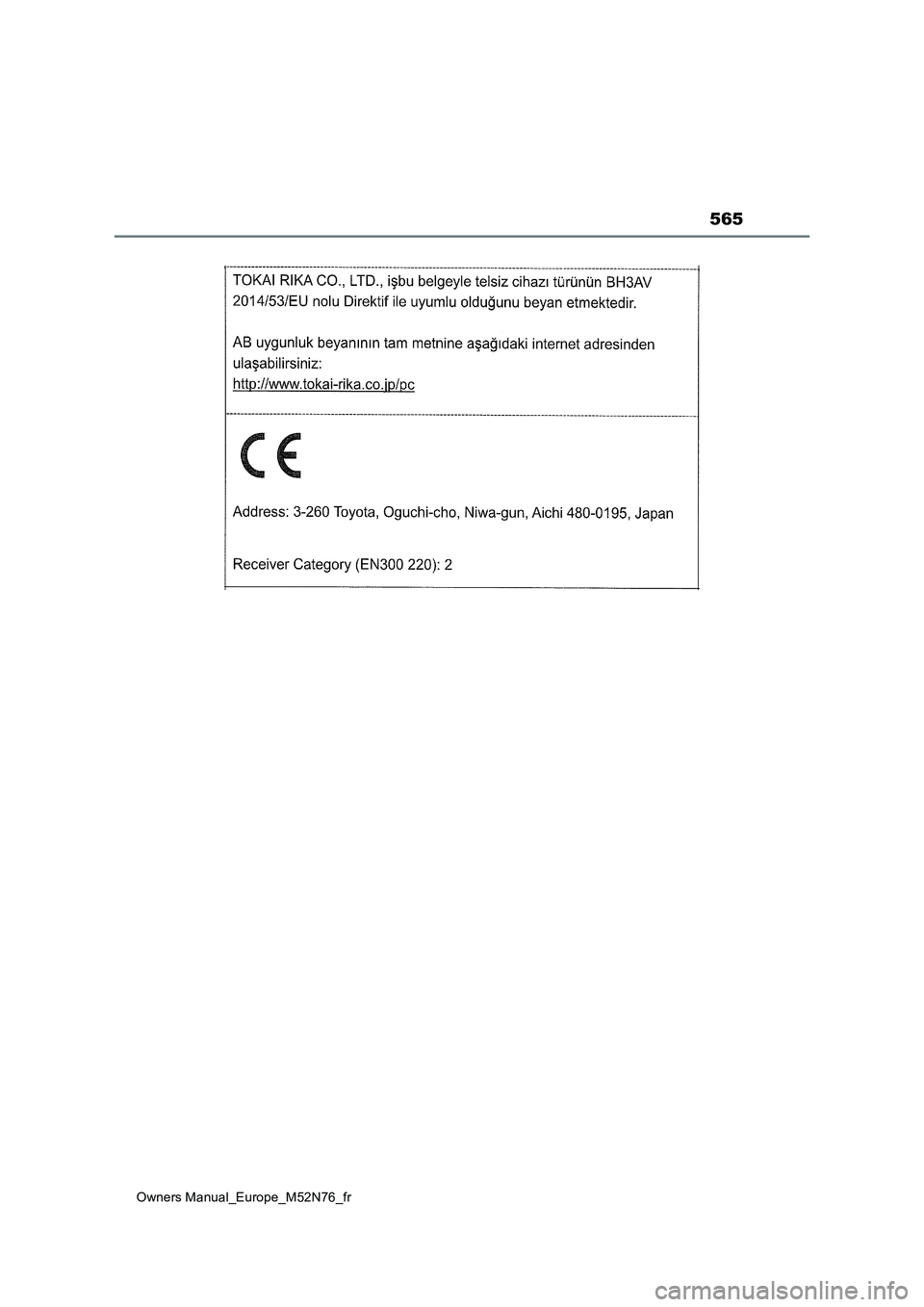TOYOTA YARIS CROSS 2023  Manuel du propriétaire (in French) 565
Owners Manual_Europe_M52N76_fr 