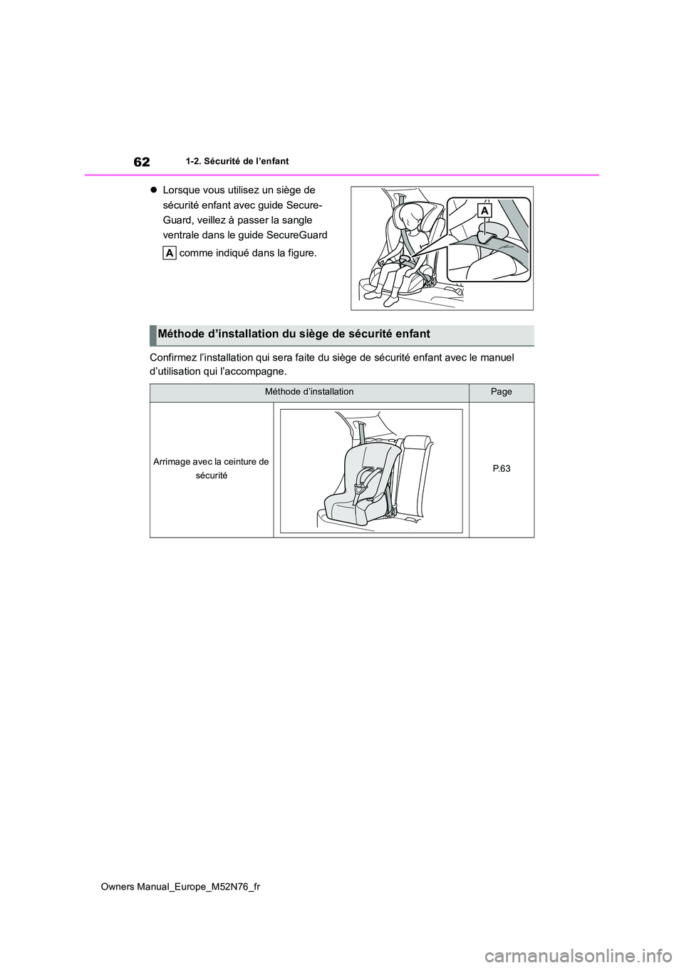 TOYOTA YARIS CROSS 2023 Manuel du propriétaire (in French) 62
Owners Manual_Europe_M52N76_fr
1-2. Sécurité de l’enfant
Lorsque vous utilisez un siège de
sécurité enfant avec guide Secure-
Guard, veillez à passer la sangle
ventrale dans le guid TOYOTA YARIS CROSS 2023 Manuel du propriétaire (in French) 62
Owners Manual_Europe_M52N76_fr
1-2. Sécurité de l’enfant
Lorsque vous utilisez un siège de
sécurité enfant avec guide Secure-
Guard, veillez à passer la sangle
ventrale dans le guid