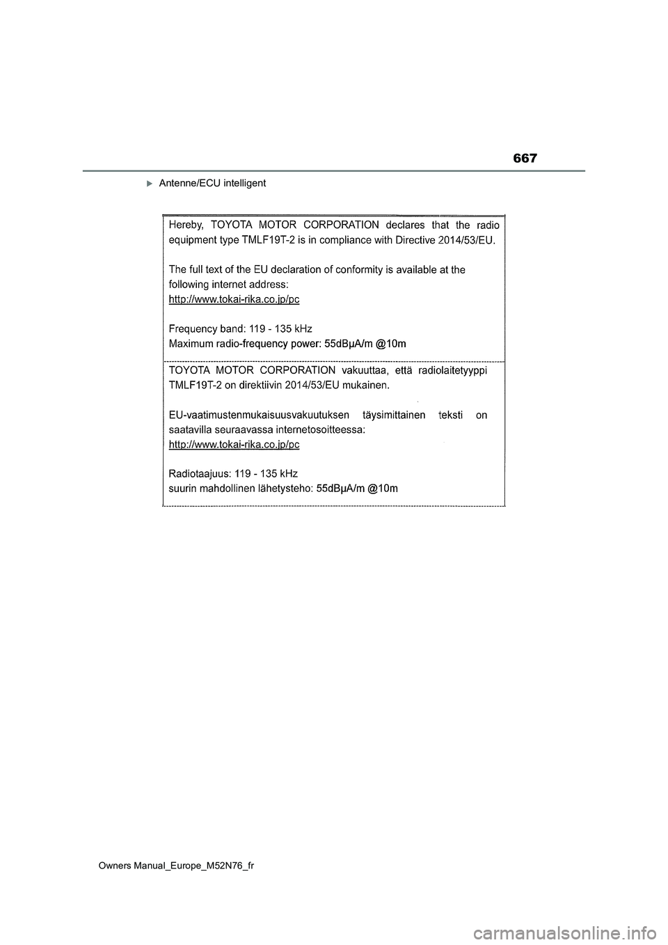 TOYOTA YARIS CROSS 2023 Manuel du propriétaire (in French) 667
Owners Manual_Europe_M52N76_fr
Antenne/ECU intelligent TOYOTA YARIS CROSS 2023 Manuel du propriétaire (in French) 667
Owners Manual_Europe_M52N76_fr
Antenne/ECU intelligent