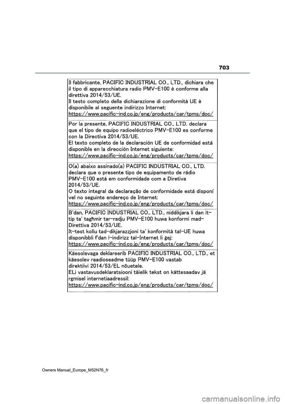 TOYOTA YARIS CROSS 2023  Manuel du propriétaire (in French) 703
Owners Manual_Europe_M52N76_fr 