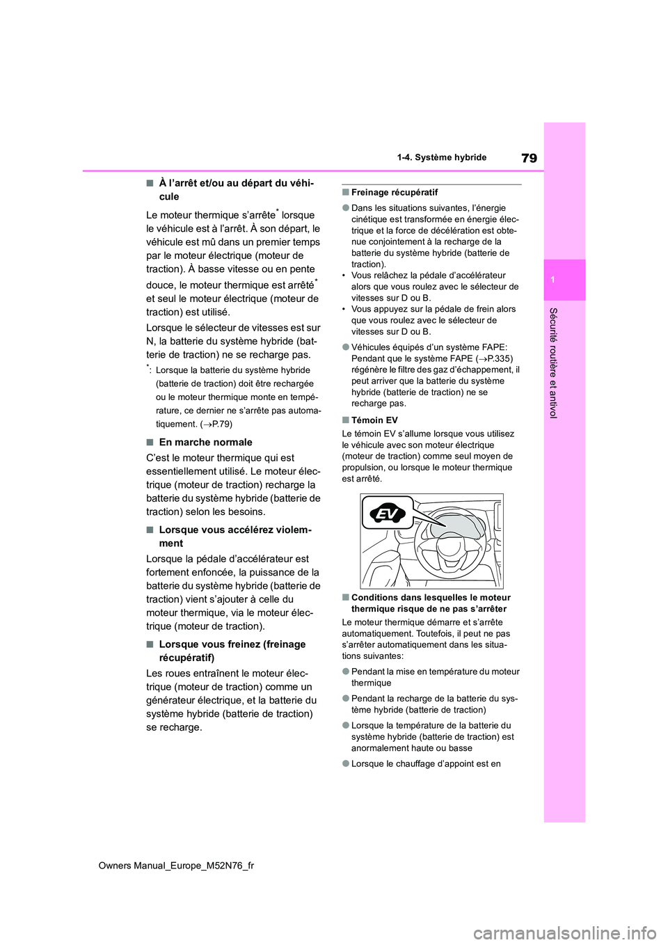TOYOTA YARIS CROSS 2023 Manuel du propriétaire (in French) 79
1
Owners Manual_Europe_M52N76_fr
1-4. Système hybride
Sécurité routière et antivol
■À l’arrêt et/ou au départ du véhi-
cule
Le moteur thermique s’arrête* lorsque
le véhicule est TOYOTA YARIS CROSS 2023 Manuel du propriétaire (in French) 79
1
Owners Manual_Europe_M52N76_fr
1-4. Système hybride
Sécurité routière et antivol
■À l’arrêt et/ou au départ du véhi-
cule
Le moteur thermique s’arrête* lorsque
le véhicule est