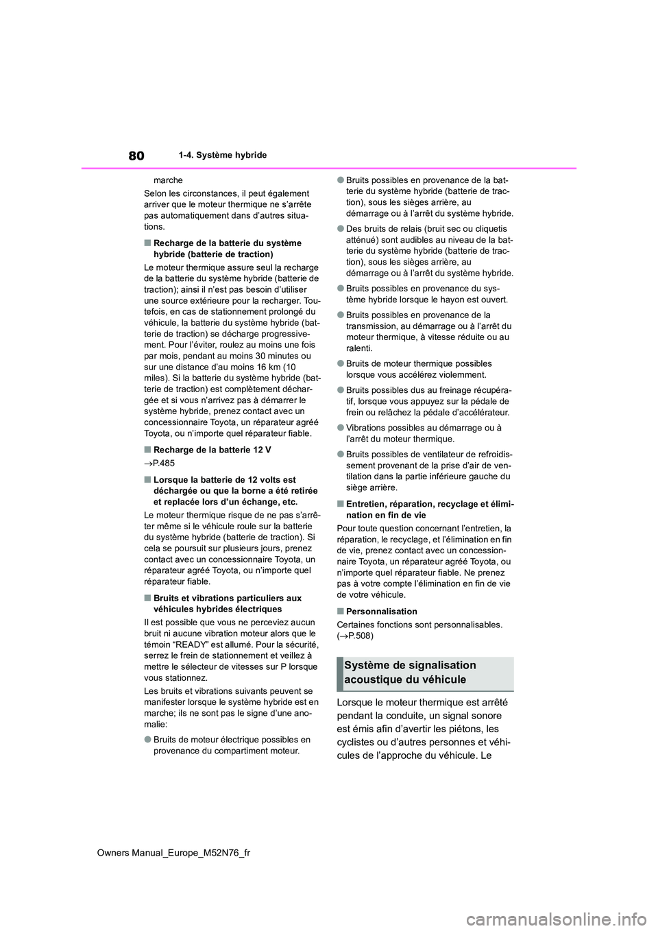 TOYOTA YARIS CROSS 2023 Manuel du propriétaire (in French) 80
Owners Manual_Europe_M52N76_fr
1-4. Système hybride
marche
Selon les circonstances, il peut également arriver que le moteur thermique ne s’arrête pas automatiquement dans d’autres situa- TOYOTA YARIS CROSS 2023 Manuel du propriétaire (in French) 80
Owners Manual_Europe_M52N76_fr
1-4. Système hybride
marche
Selon les circonstances, il peut également arriver que le moteur thermique ne s’arrête pas automatiquement dans d’autres situa-