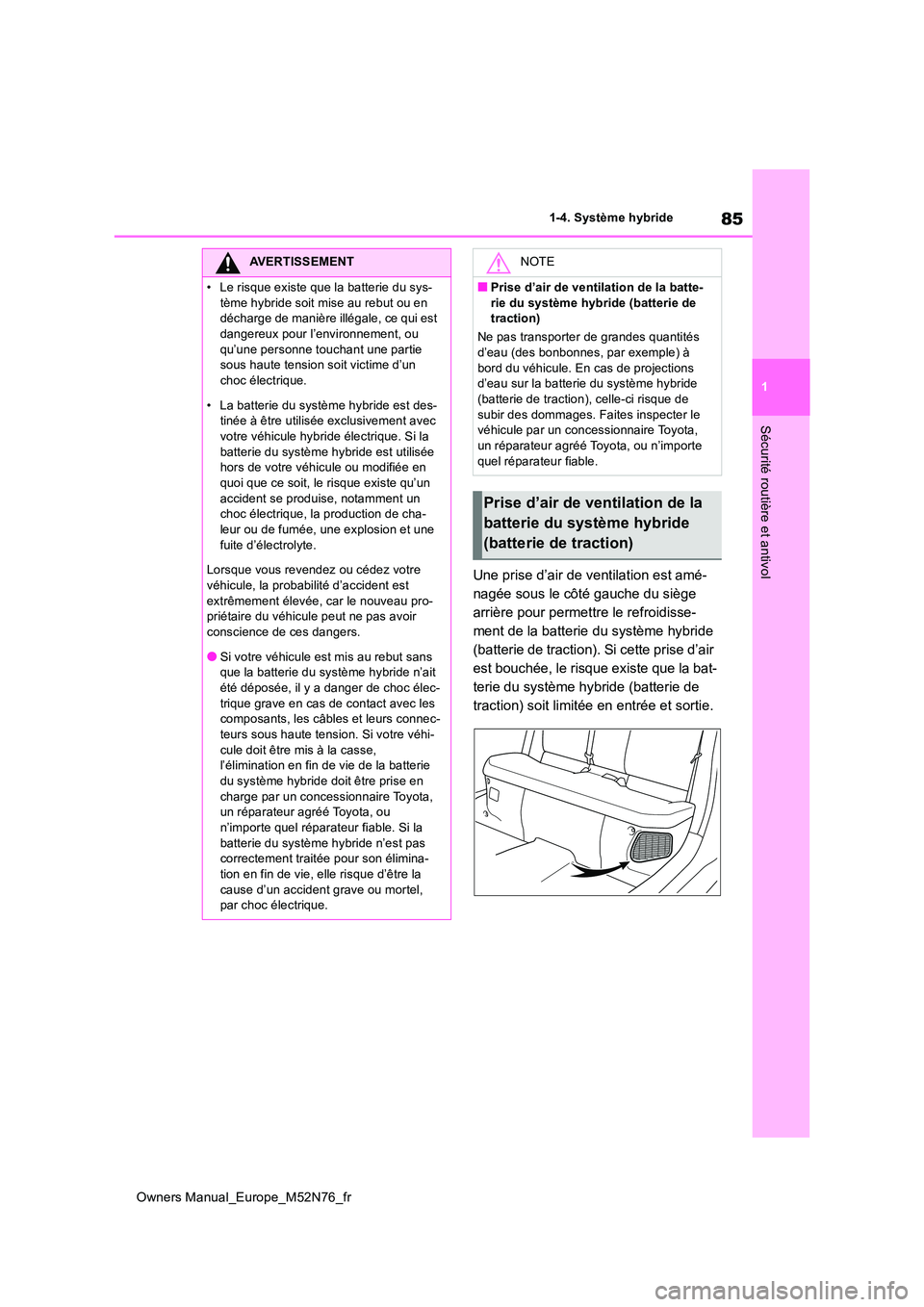 TOYOTA YARIS CROSS 2023 Manuel du propriétaire (in French) 85
1
Owners Manual_Europe_M52N76_fr
1-4. Système hybride
Sécurité routière et antivol
Une prise d’air de ventilation est amé-
nagée sous le côté gauche du siège
arrière pour permettre le TOYOTA YARIS CROSS 2023 Manuel du propriétaire (in French) 85
1
Owners Manual_Europe_M52N76_fr
1-4. Système hybride
Sécurité routière et antivol
Une prise d’air de ventilation est amé-
nagée sous le côté gauche du siège
arrière pour permettre le