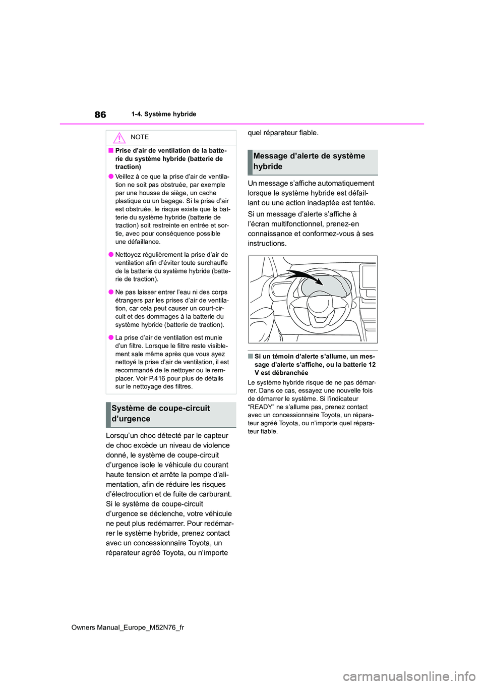TOYOTA YARIS CROSS 2023 Manuel du propriétaire (in French) 86
Owners Manual_Europe_M52N76_fr
1-4. Système hybride
Lorsqu’un choc détecté par le capteur
de choc excède un niveau de violence
donné, le système de coupe-circuit
d’urgence isole le v TOYOTA YARIS CROSS 2023 Manuel du propriétaire (in French) 86
Owners Manual_Europe_M52N76_fr
1-4. Système hybride
Lorsqu’un choc détecté par le capteur
de choc excède un niveau de violence
donné, le système de coupe-circuit
d’urgence isole le v