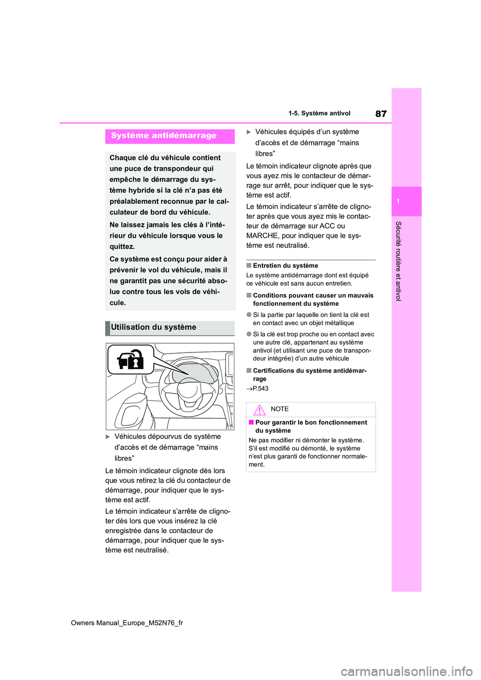 TOYOTA YARIS CROSS 2023 Manuel du propriétaire (in French) 87
1
Owners Manual_Europe_M52N76_fr
1-5. Système antivol
Sécurité routière et antivol
1-5.Système antivol
Véhicules dépourvus de système
d’accès et de démarrage “mains
libres”
TOYOTA YARIS CROSS 2023 Manuel du propriétaire (in French) 87
1
Owners Manual_Europe_M52N76_fr
1-5. Système antivol
Sécurité routière et antivol
1-5.Système antivol
Véhicules dépourvus de système
d’accès et de démarrage “mains
libres”