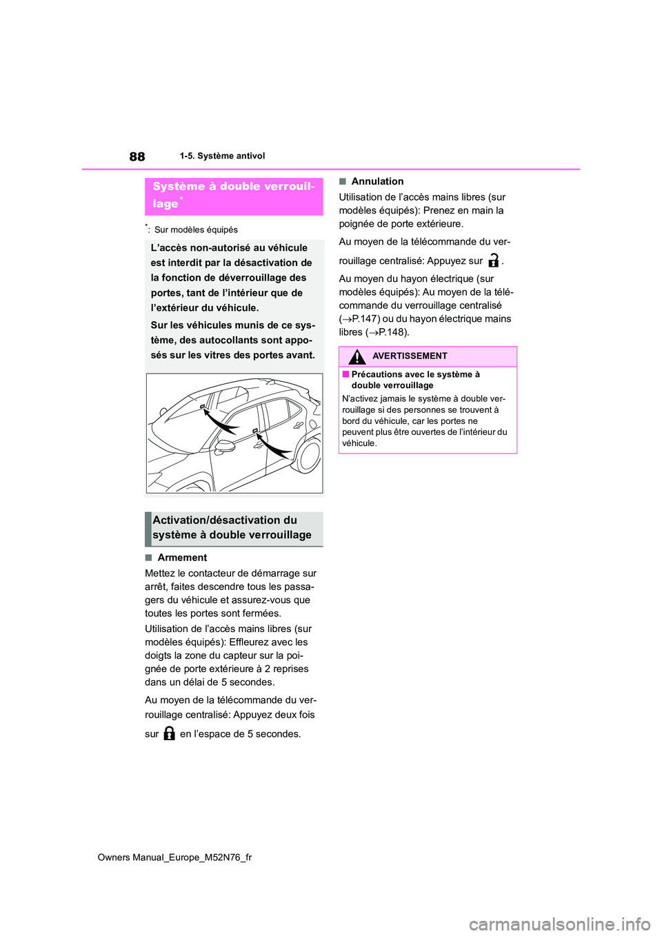 TOYOTA YARIS CROSS 2023 Manuel du propriétaire (in French) 88
Owners Manual_Europe_M52N76_fr
1-5. Système antivol
*: Sur modèles équipés
■Armement
Mettez le contacteur de démarrage sur
arrêt, faites descendre tous les passa-
gers du véhicule et as TOYOTA YARIS CROSS 2023 Manuel du propriétaire (in French) 88
Owners Manual_Europe_M52N76_fr
1-5. Système antivol
*: Sur modèles équipés
■Armement
Mettez le contacteur de démarrage sur
arrêt, faites descendre tous les passa-
gers du véhicule et as