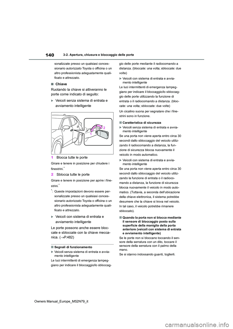 TOYOTA YARIS CROSS 2023 Manuale duso (in Italian) 140
Owners Manual_Europe_M52N79_it
3-2. Apertura, chiusura e bloccaggio delle porte
sonalizzate presso un qualsiasi conces-
sionario autorizzato Toyota o officina o un
altro professionista adeguata TOYOTA YARIS CROSS 2023 Manuale duso (in Italian) 140
Owners Manual_Europe_M52N79_it
3-2. Apertura, chiusura e bloccaggio delle porte
sonalizzate presso un qualsiasi conces-
sionario autorizzato Toyota o officina o un
altro professionista adeguata