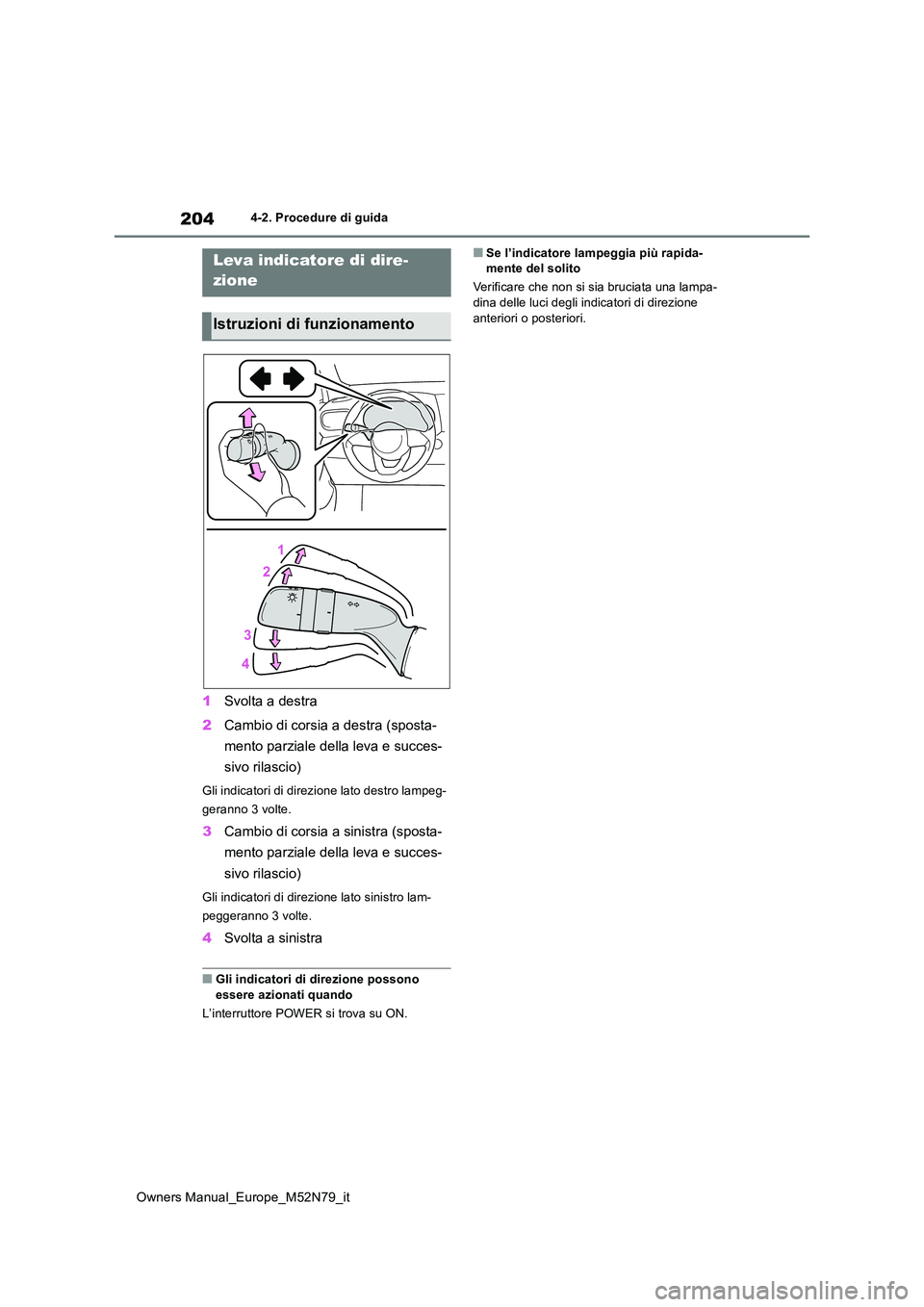 TOYOTA YARIS CROSS 2023 Manuale duso (in Italian) 204
Owners Manual_Europe_M52N79_it
4-2. Procedure di guida
1Svolta a destra
2 Cambio di corsia a destra (sposta-
mento parziale della leva e succes-
sivo rilascio)
Gli indicatori di direzione lato TOYOTA YARIS CROSS 2023 Manuale duso (in Italian) 204
Owners Manual_Europe_M52N79_it
4-2. Procedure di guida
1Svolta a destra
2 Cambio di corsia a destra (sposta-
mento parziale della leva e succes-
sivo rilascio)
Gli indicatori di direzione lato