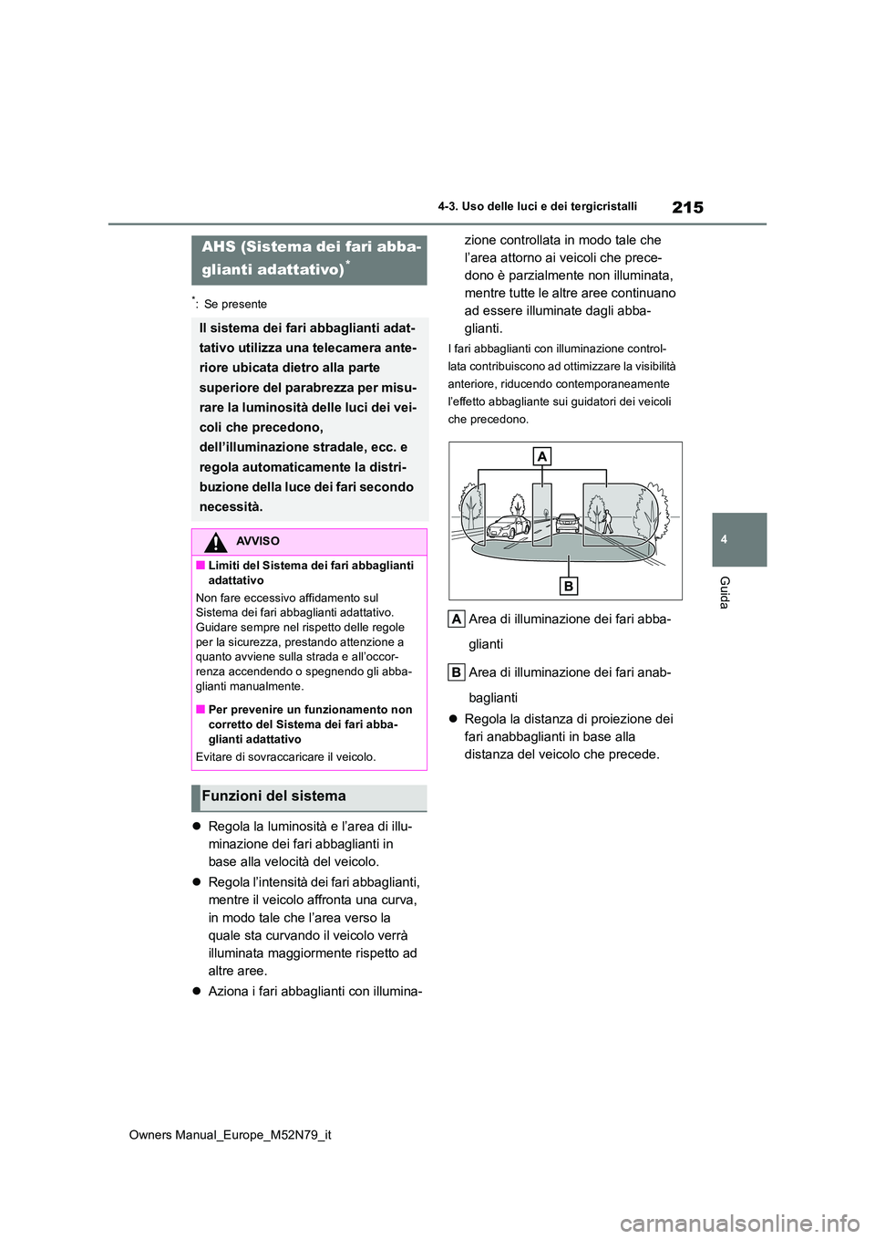 TOYOTA YARIS CROSS 2023 Manuale duso (in Italian) 215
4
Owners Manual_Europe_M52N79_it
4-3. Uso delle luci e dei tergicristalli
Guida
*: Se presente
Regola la luminosità e l’area di illu-
minazione dei fari abbaglianti in
base alla velocità TOYOTA YARIS CROSS 2023 Manuale duso (in Italian) 215
4
Owners Manual_Europe_M52N79_it
4-3. Uso delle luci e dei tergicristalli
Guida
*: Se presente
Regola la luminosità e l’area di illu-
minazione dei fari abbaglianti in
base alla velocità
