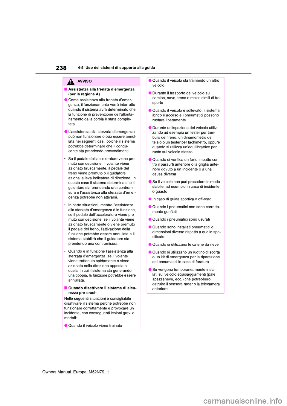 TOYOTA YARIS CROSS 2023 Manuale duso (in Italian) 238
Owners Manual_Europe_M52N79_it
4-5. Uso dei sistemi di supporto alla guida
AVVISO
■Assistenza alla frenata d’emergenza
(per la regione A)
●Come assistenza alla frenata d’emer- genza, il TOYOTA YARIS CROSS 2023 Manuale duso (in Italian) 238
Owners Manual_Europe_M52N79_it
4-5. Uso dei sistemi di supporto alla guida
AVVISO
■Assistenza alla frenata d’emergenza
(per la regione A)
●Come assistenza alla frenata d’emer- genza, il